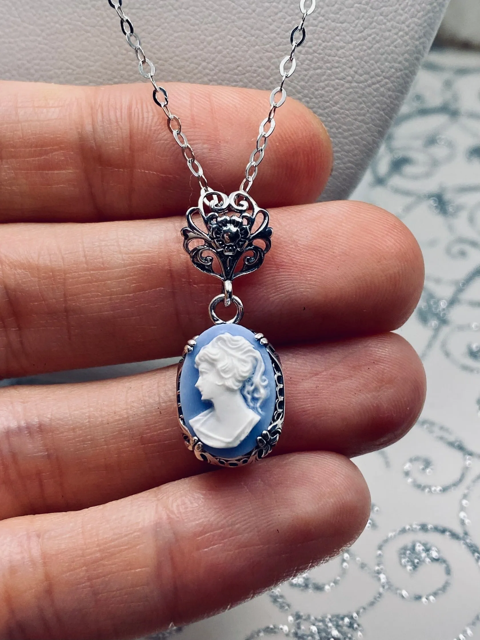 Cameo Pendant, Blue Lady Cameo Edwardian Necklace #P70