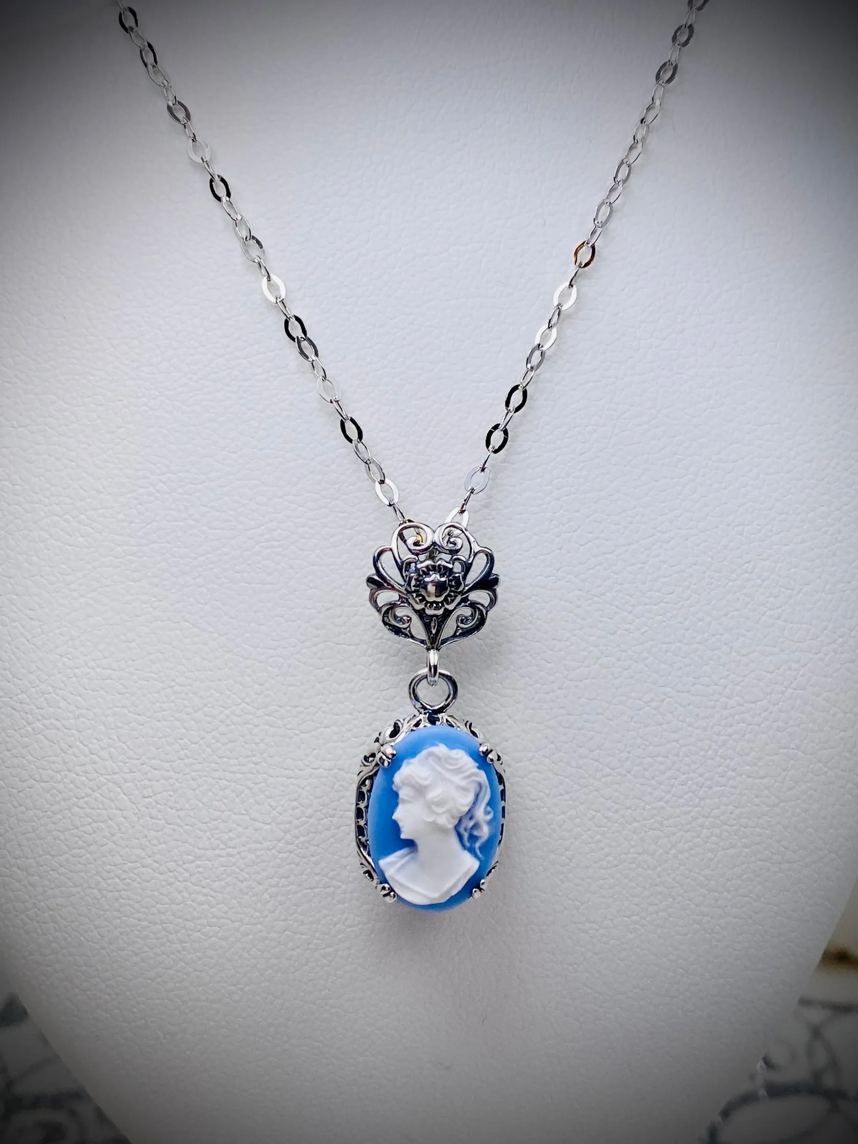 Cameo Pendant, Blue Lady Cameo Edwardian Necklace #P70
