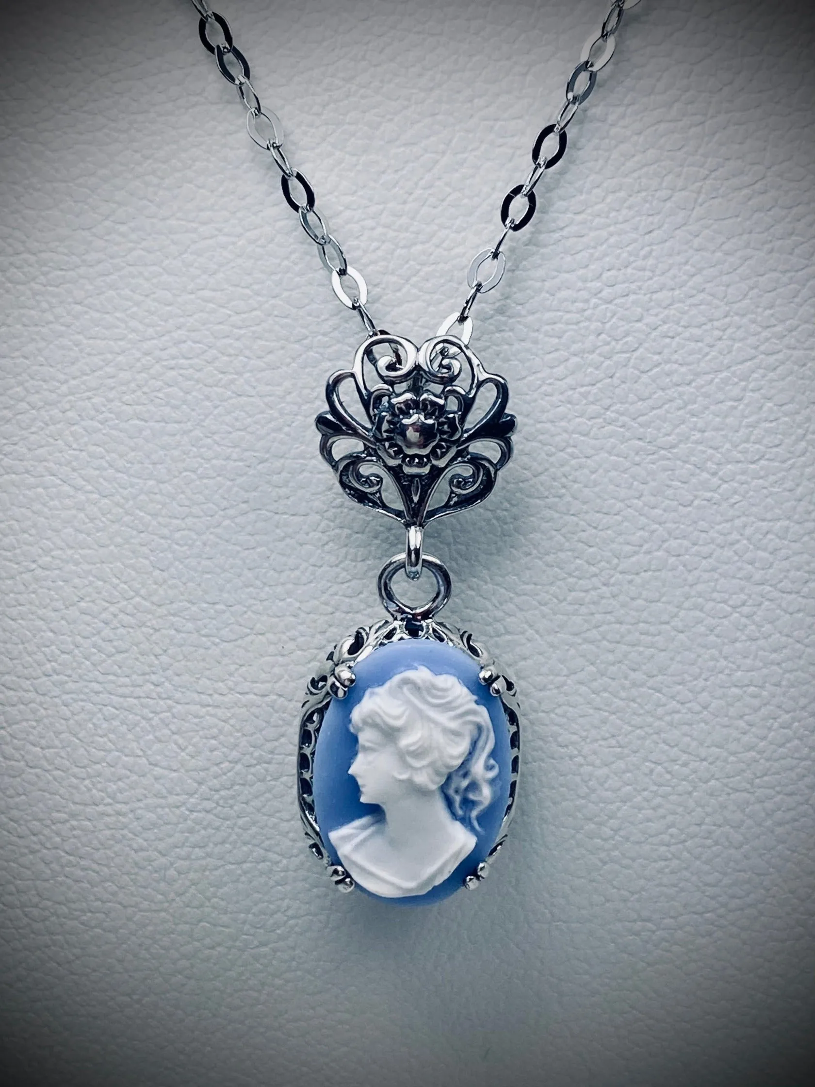 Cameo Pendant, Blue Lady Cameo Edwardian Necklace #P70