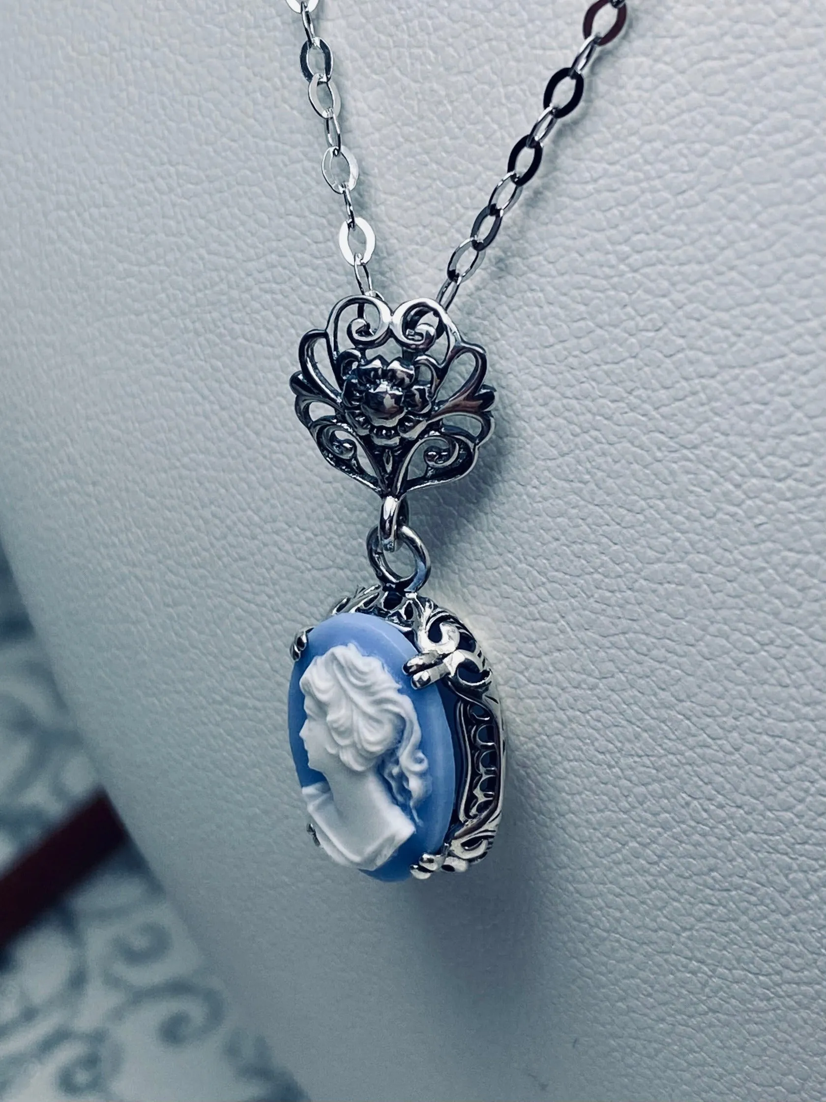 Cameo Pendant, Blue Lady Cameo Edwardian Necklace #P70