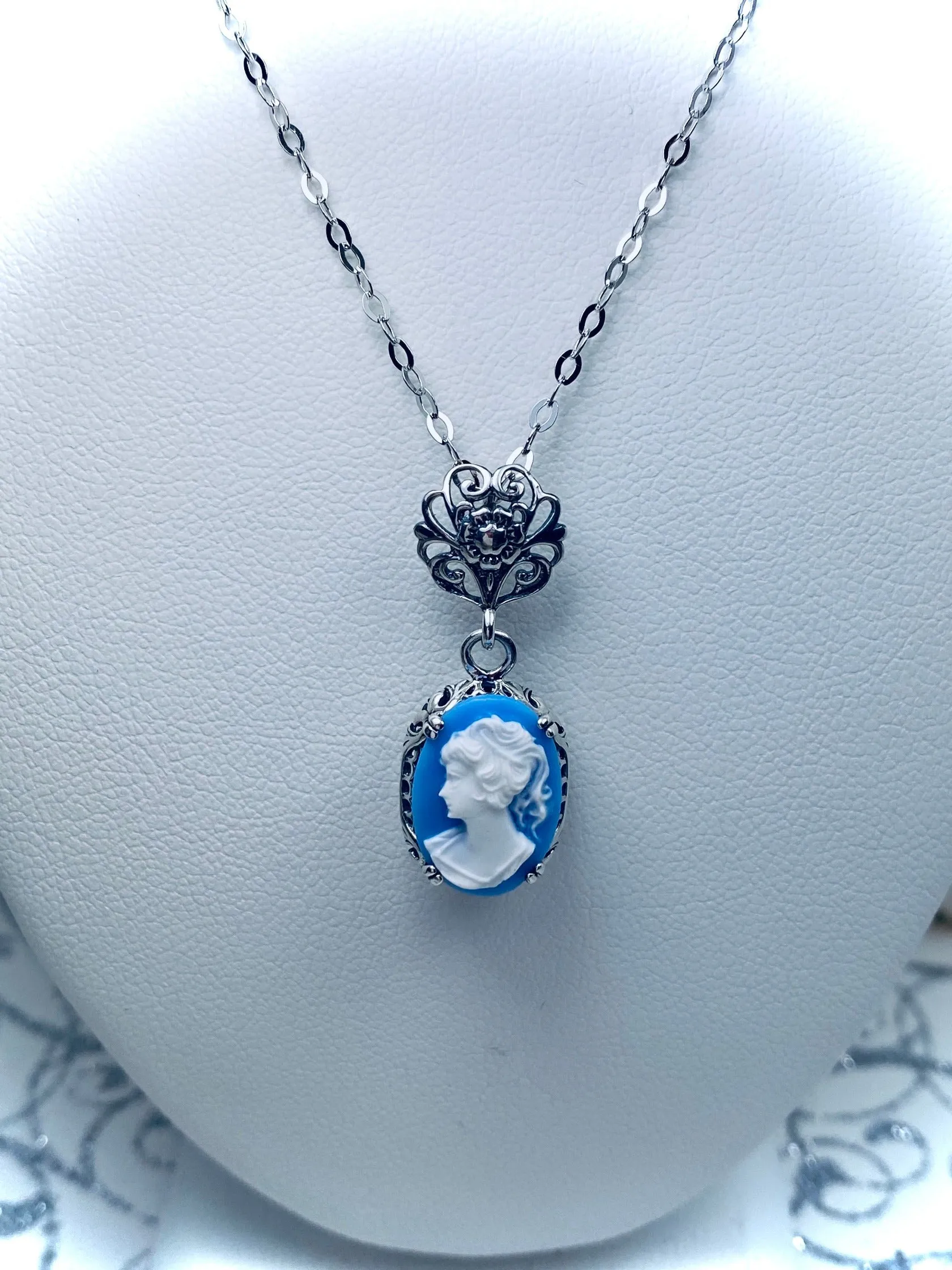 Cameo Pendant, Blue Lady Cameo Edwardian Necklace #P70