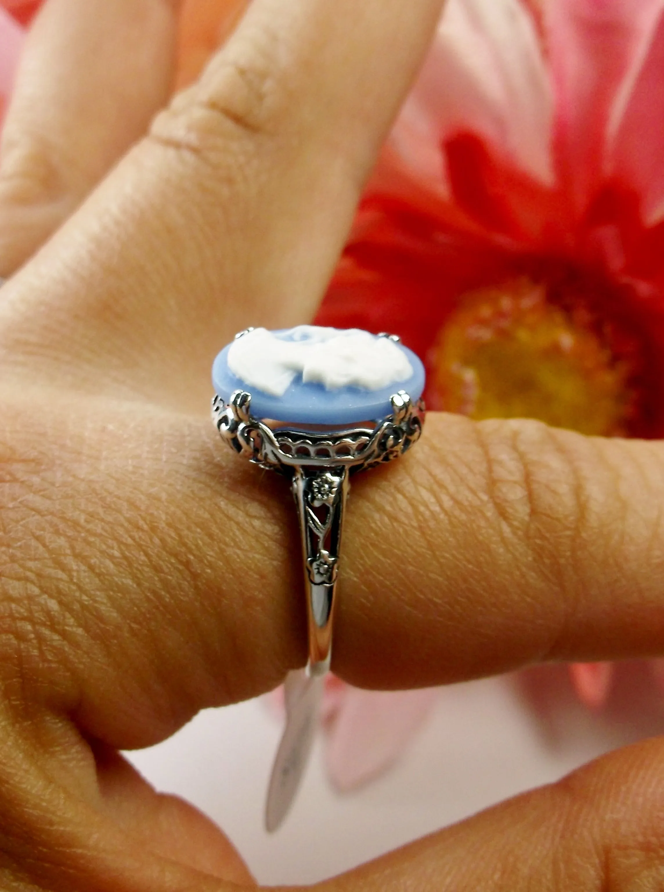 Cameo Ring, Blue Lady Cameo, Edwardian Jewelry #D70