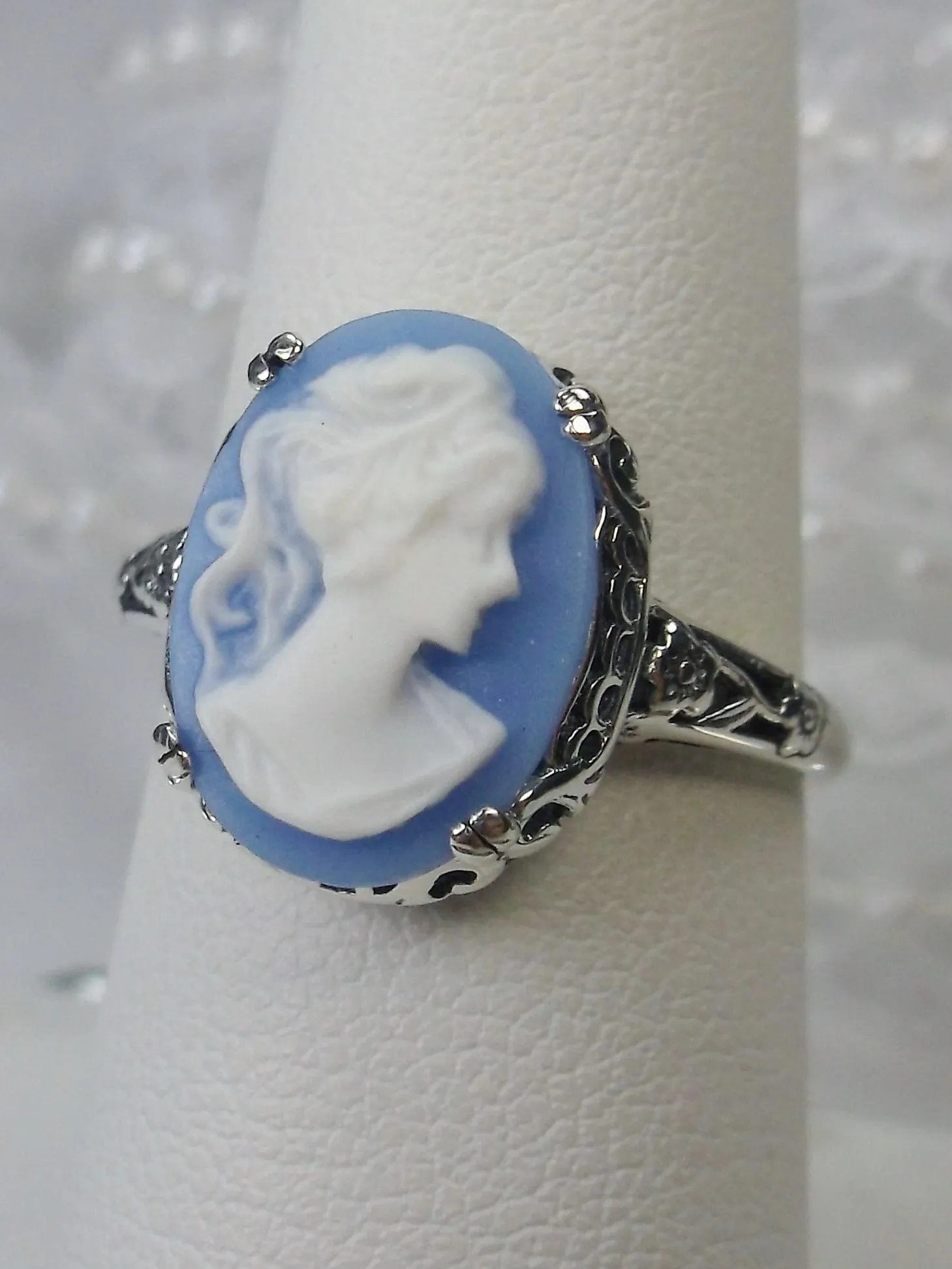 Cameo Ring, Blue Lady Cameo, Edwardian Jewelry #D70