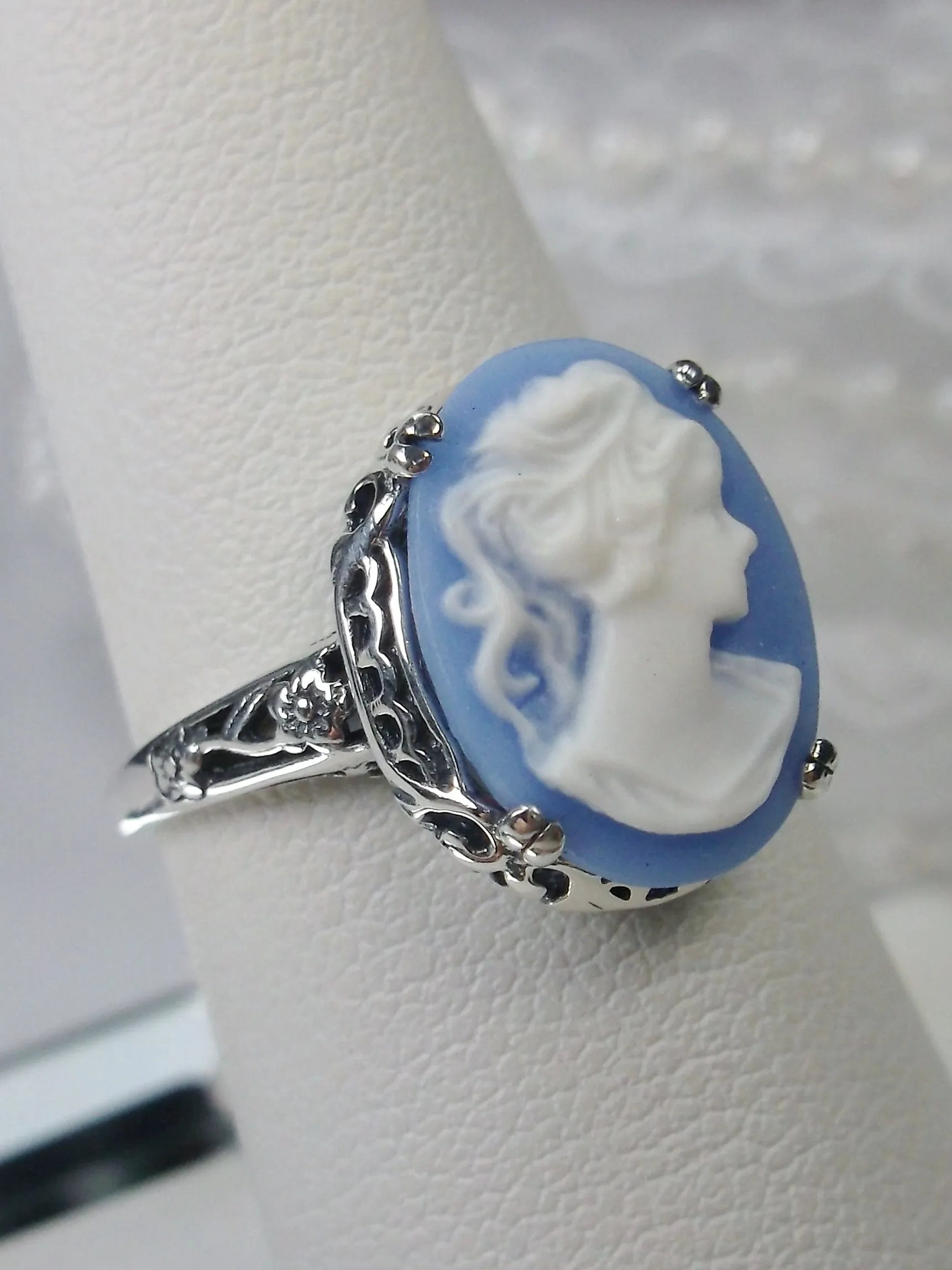 Cameo Ring, Blue Lady Cameo, Edwardian Jewelry #D70