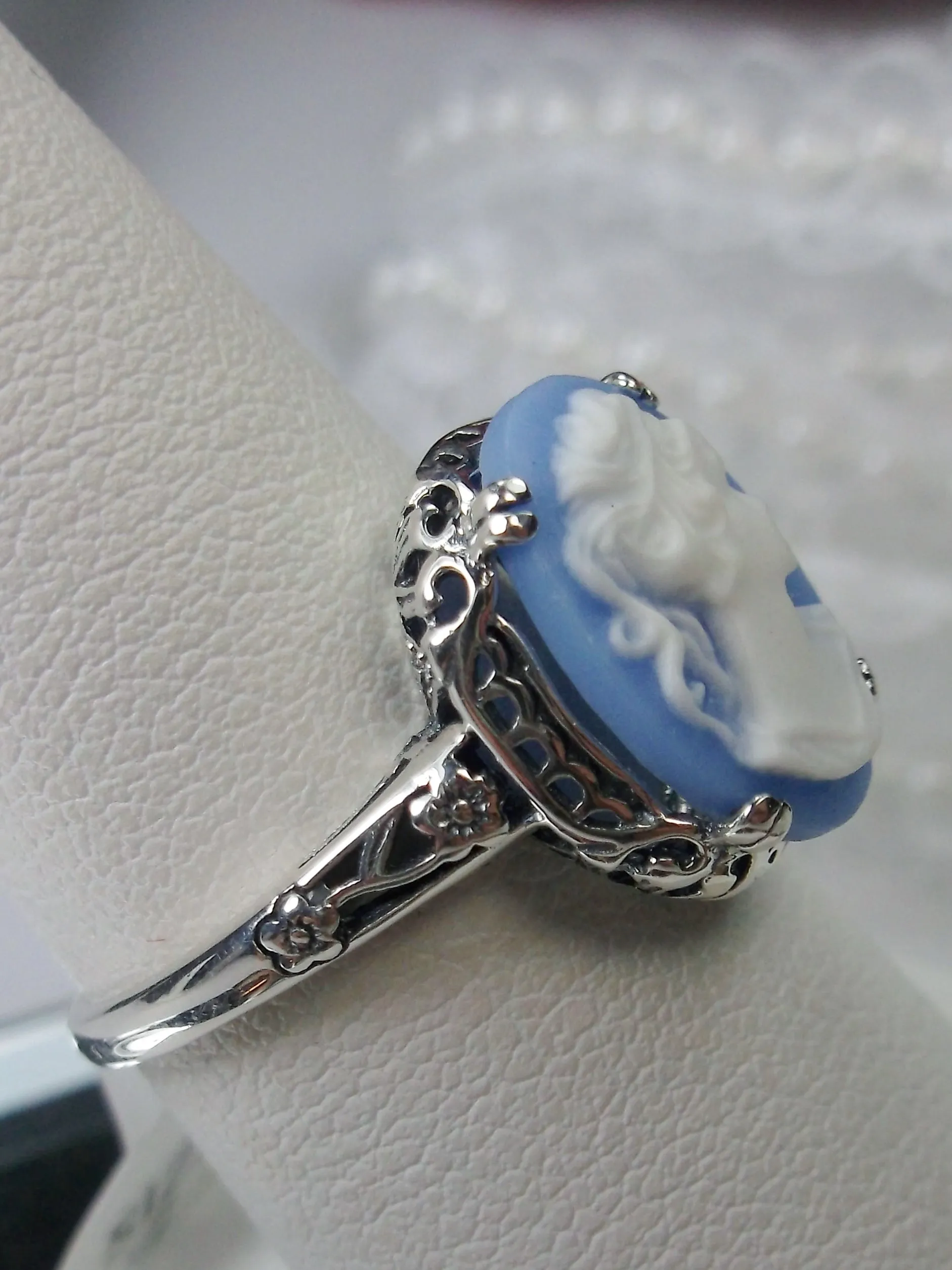 Cameo Ring, Blue Lady Cameo, Edwardian Jewelry #D70