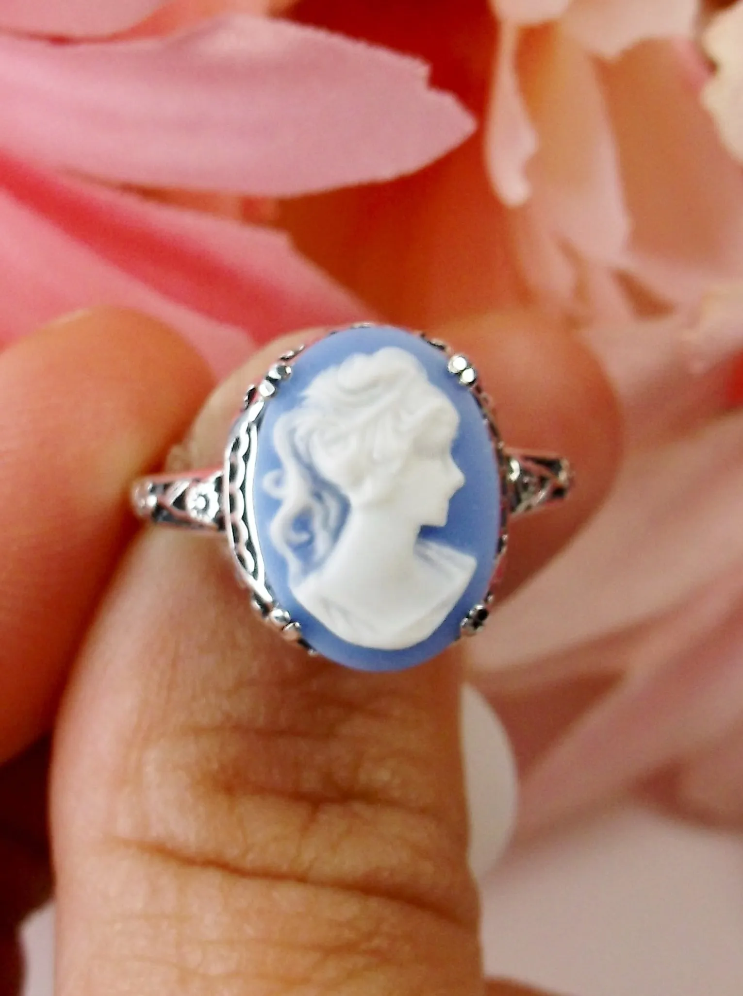Cameo Ring, Blue Lady Cameo, Edwardian Jewelry #D70