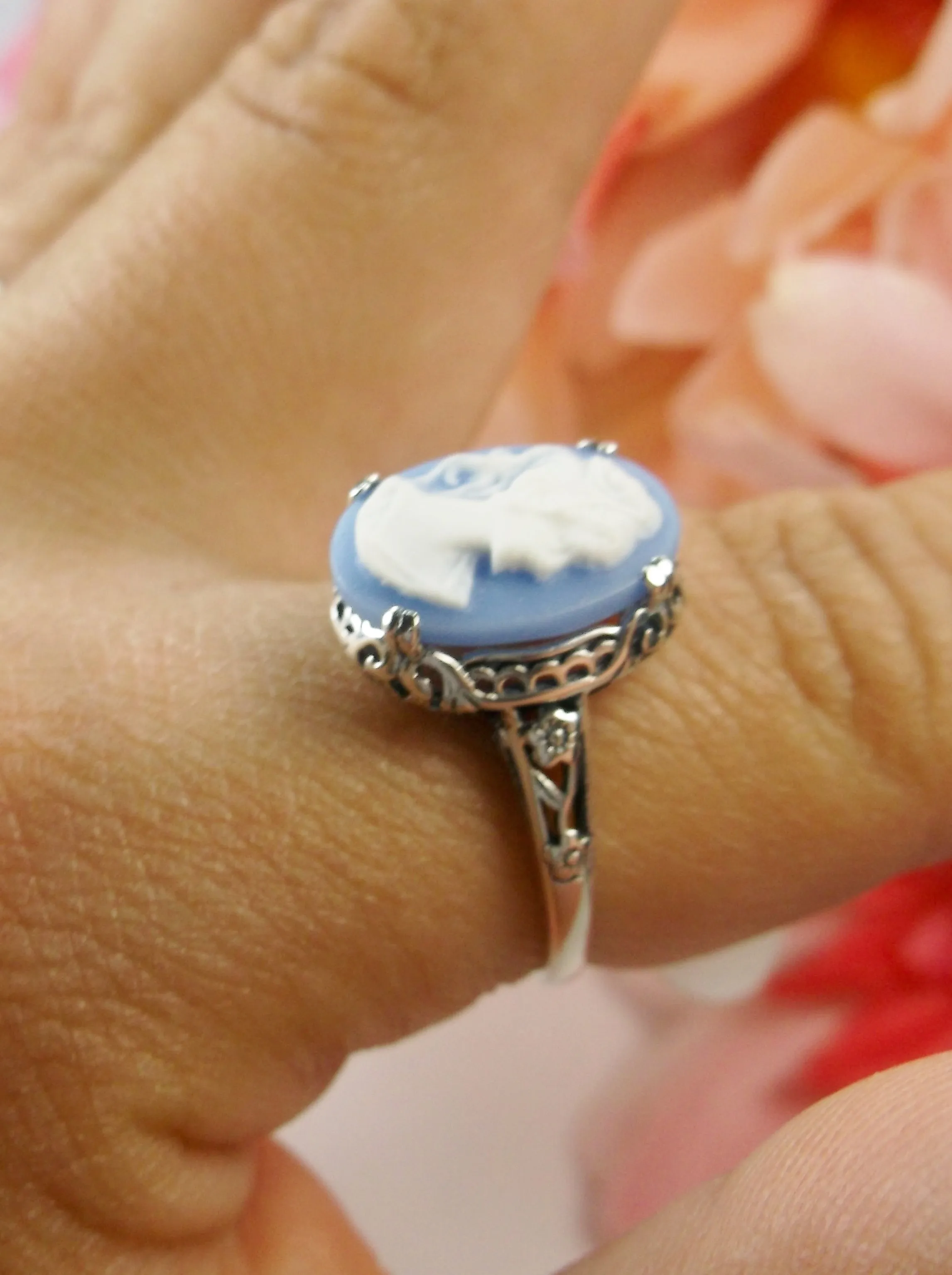 Cameo Ring, Blue Lady Cameo, Edwardian Jewelry #D70