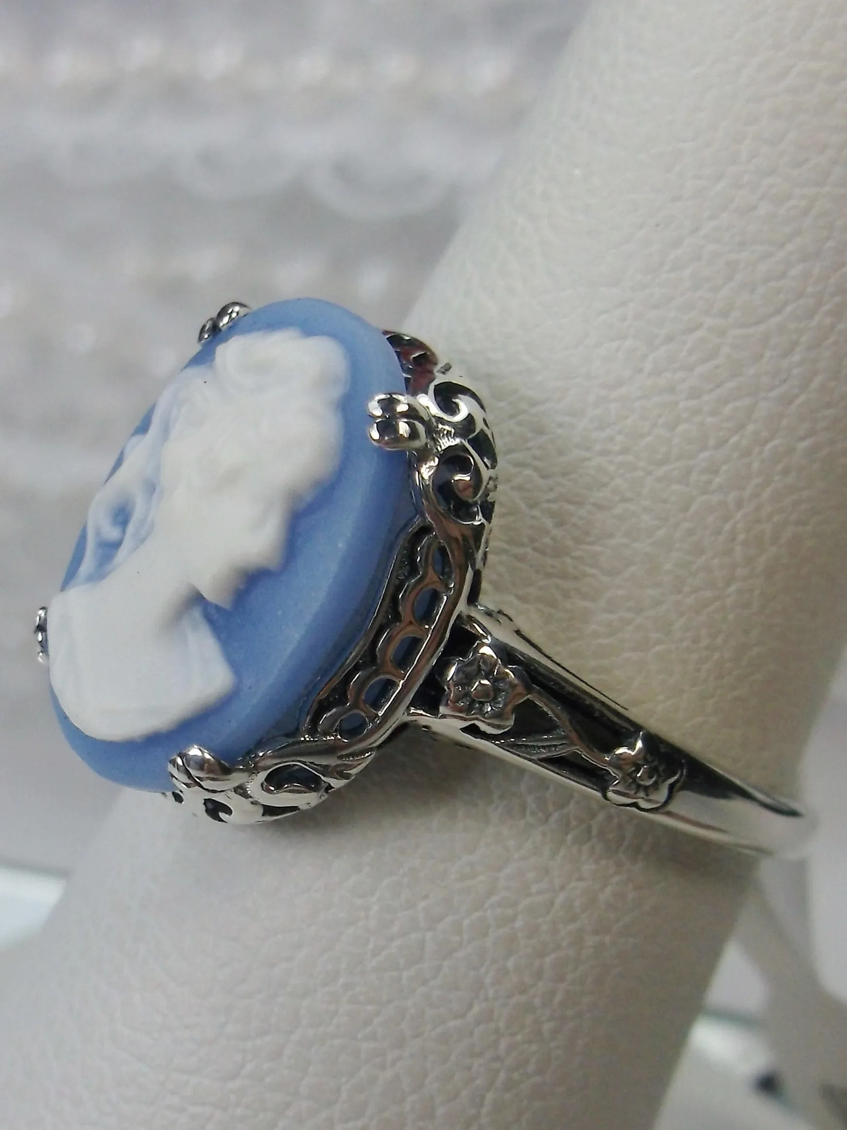 Cameo Ring, Blue Lady Cameo, Edwardian Jewelry #D70