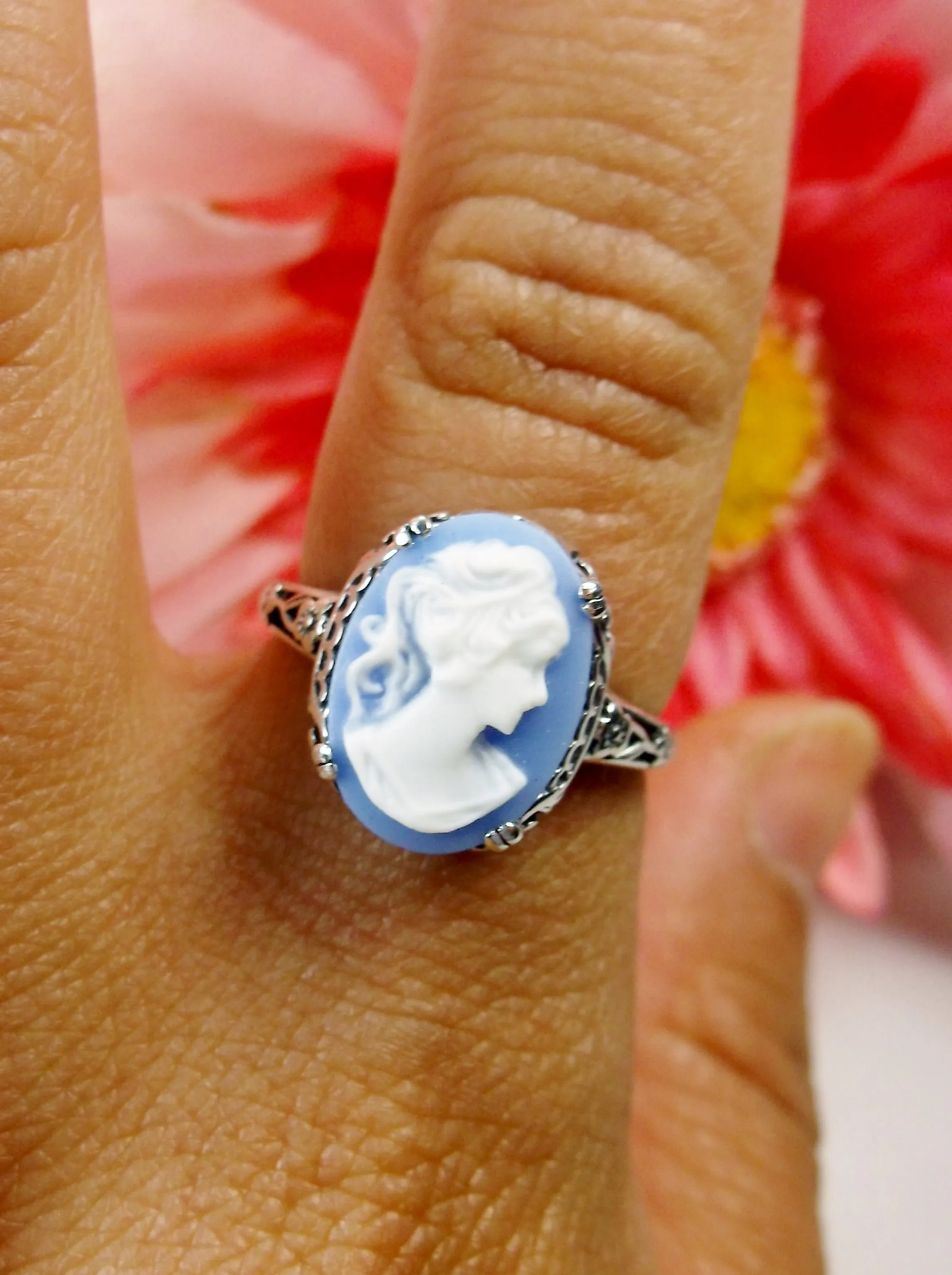 Cameo Ring, Blue Lady Cameo, Edwardian Jewelry #D70