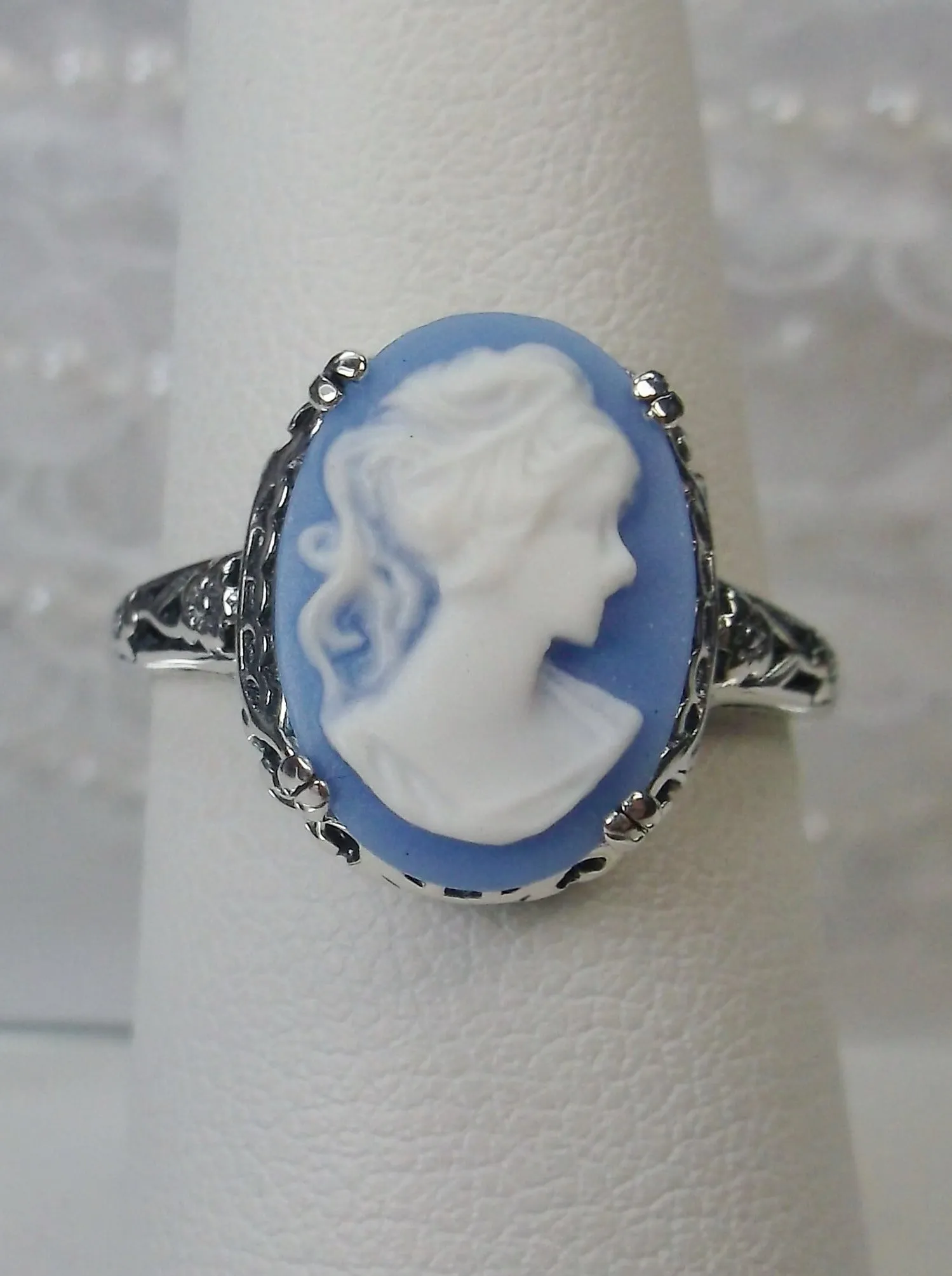 Cameo Ring, Blue Lady Cameo, Edwardian Jewelry #D70