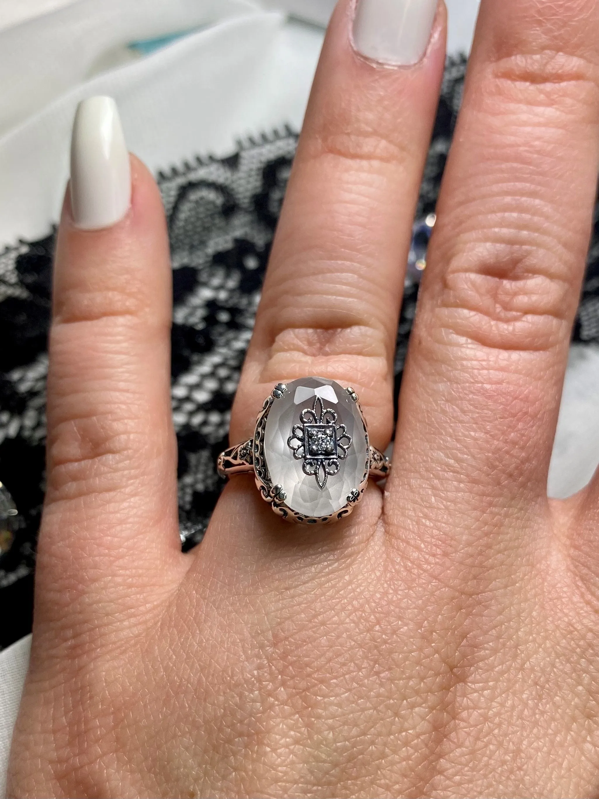 Camphor Glass Ring, Sterling Silver Embellishment, Edwardian Jewelry #D70e