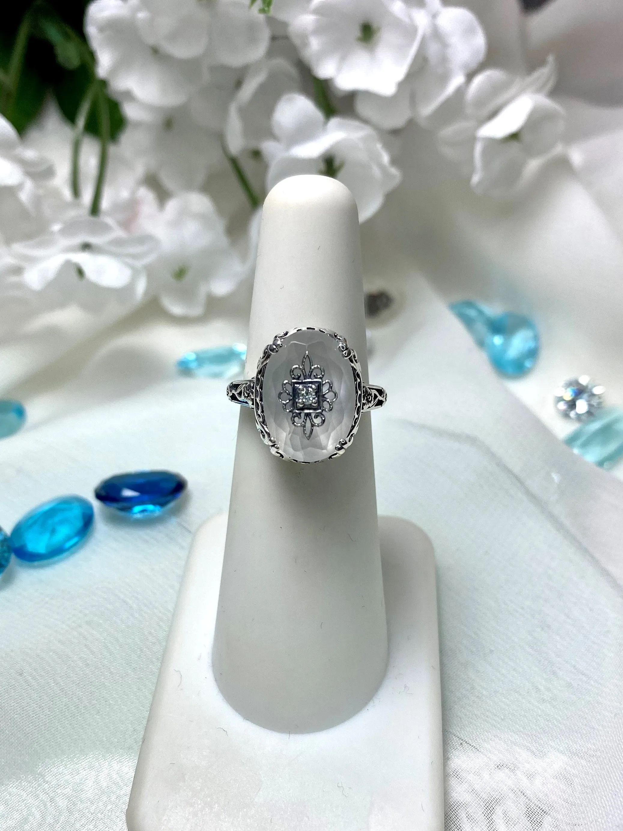 Camphor Glass Ring, Sterling Silver Embellishment, Edwardian Jewelry #D70e