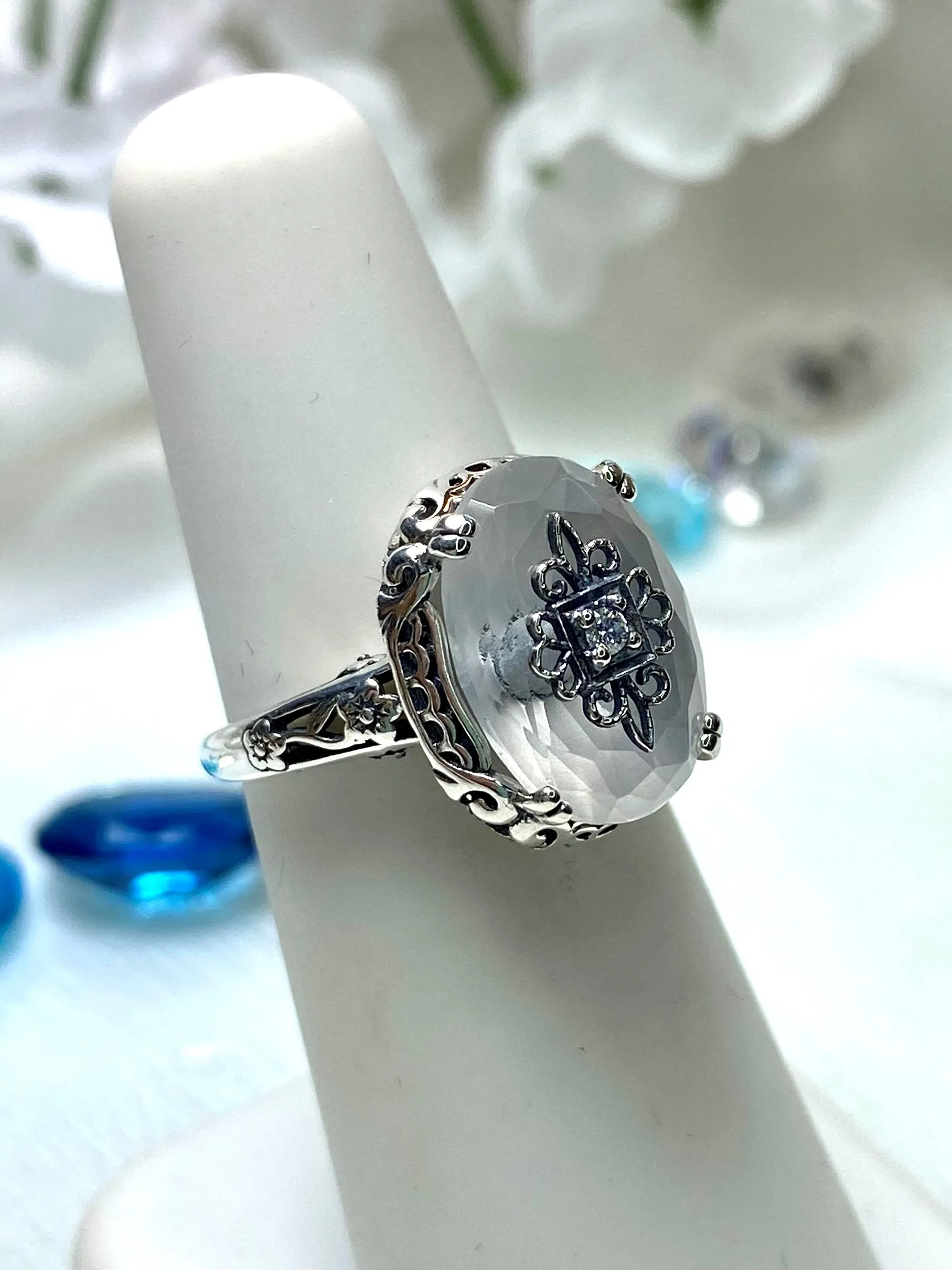 Camphor Glass Ring, Sterling Silver Embellishment, Edwardian Jewelry #D70e
