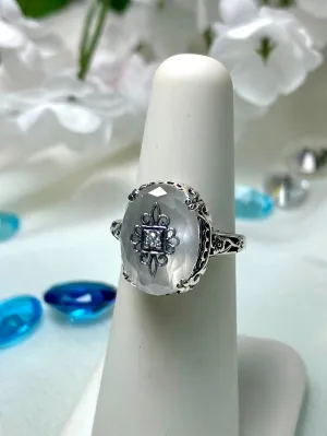 Camphor Glass Ring, Sterling Silver Embellishment, Edwardian Jewelry #D70e