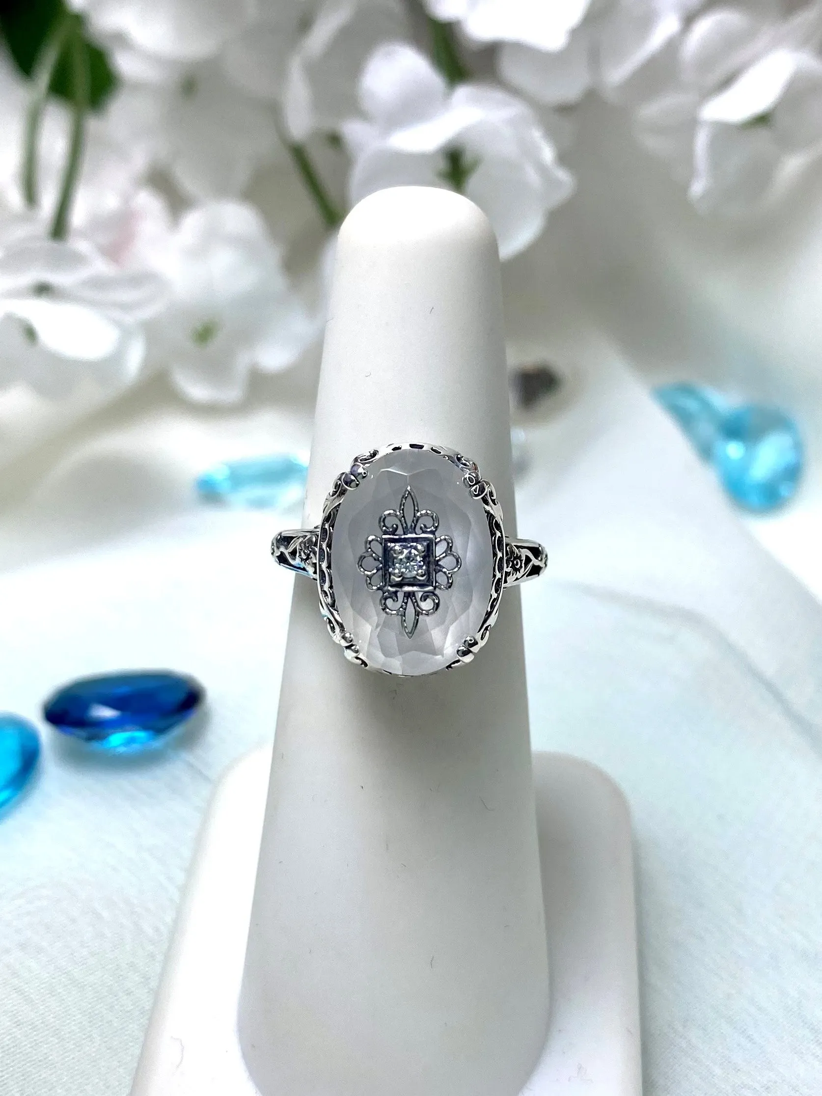 Camphor Glass Ring, Sterling Silver Embellishment, Edwardian Jewelry #D70e