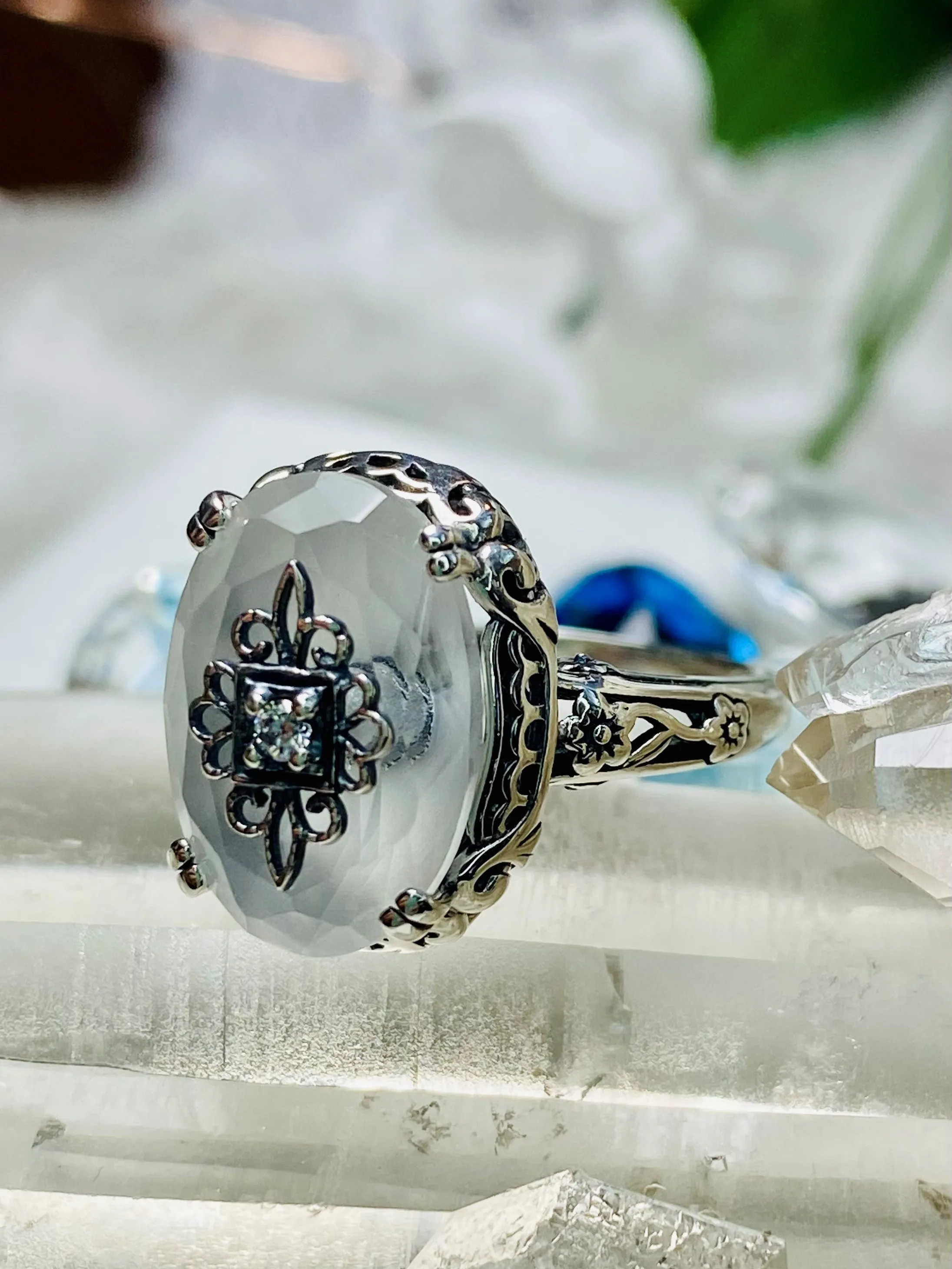 Camphor Glass Ring, Sterling Silver Embellishment, Edwardian Jewelry #D70e