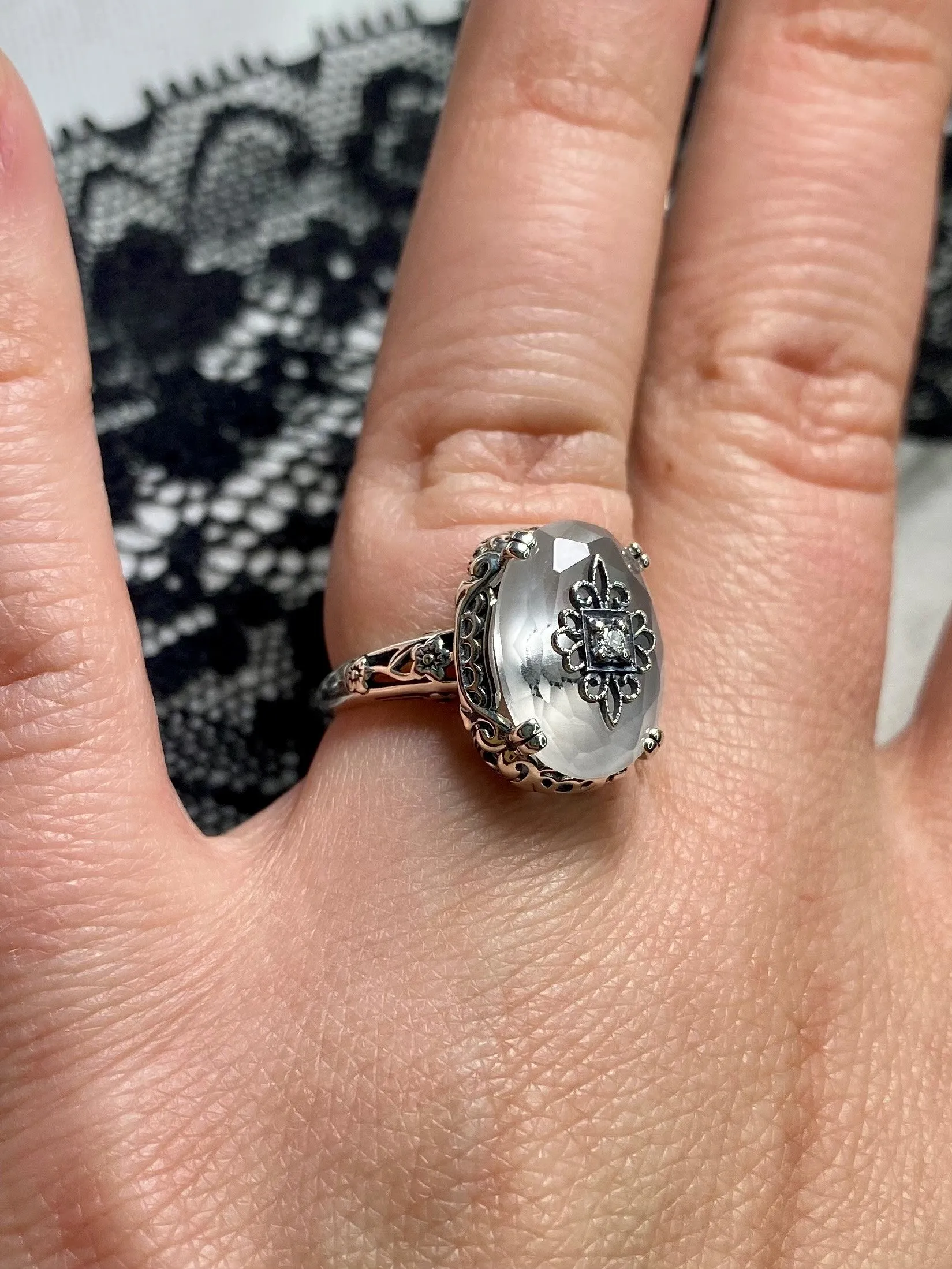 Camphor Glass Ring, Sterling Silver Embellishment, Edwardian Jewelry #D70e