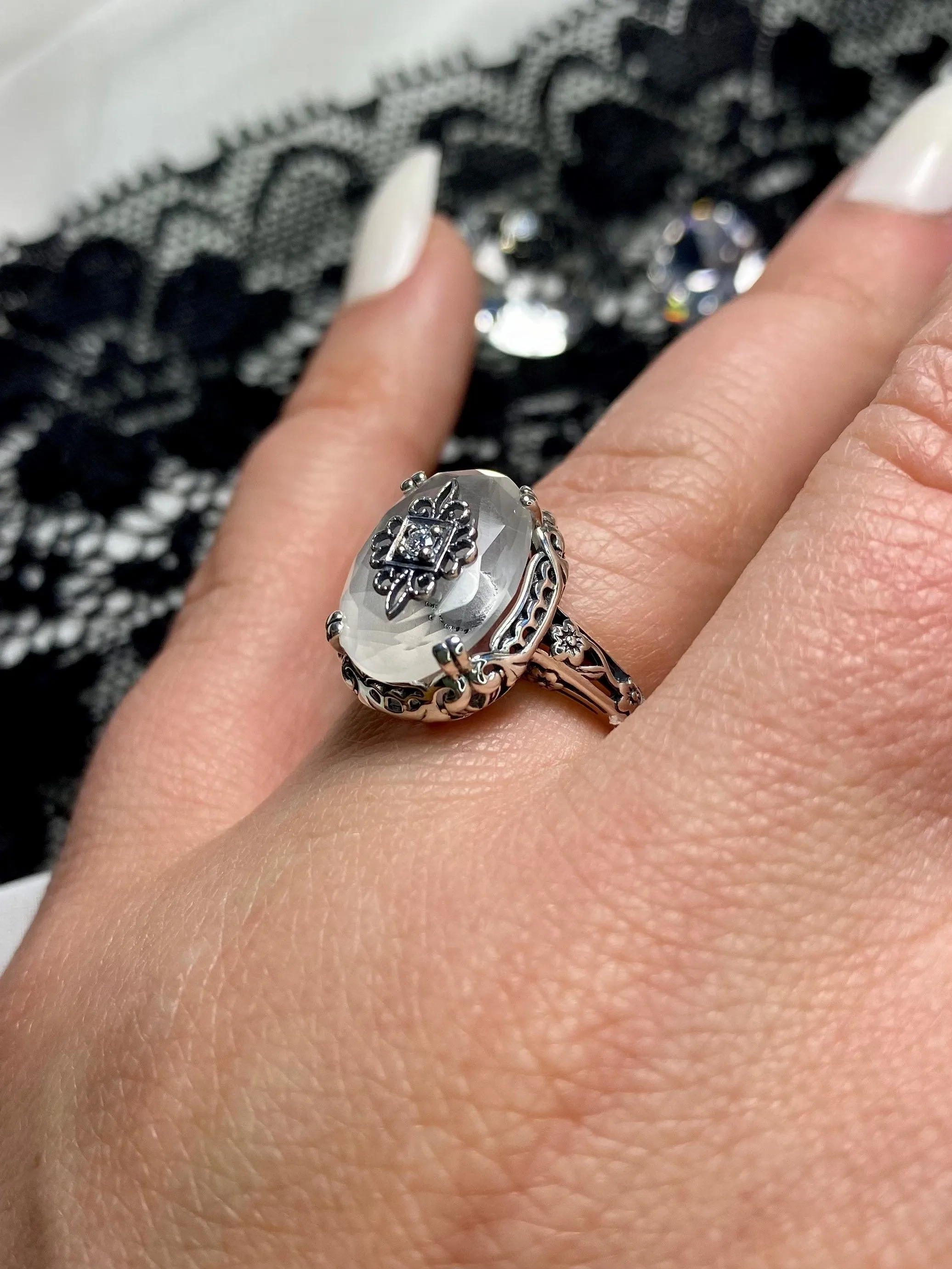 Camphor Glass Ring, Sterling Silver Embellishment, Edwardian Jewelry #D70e