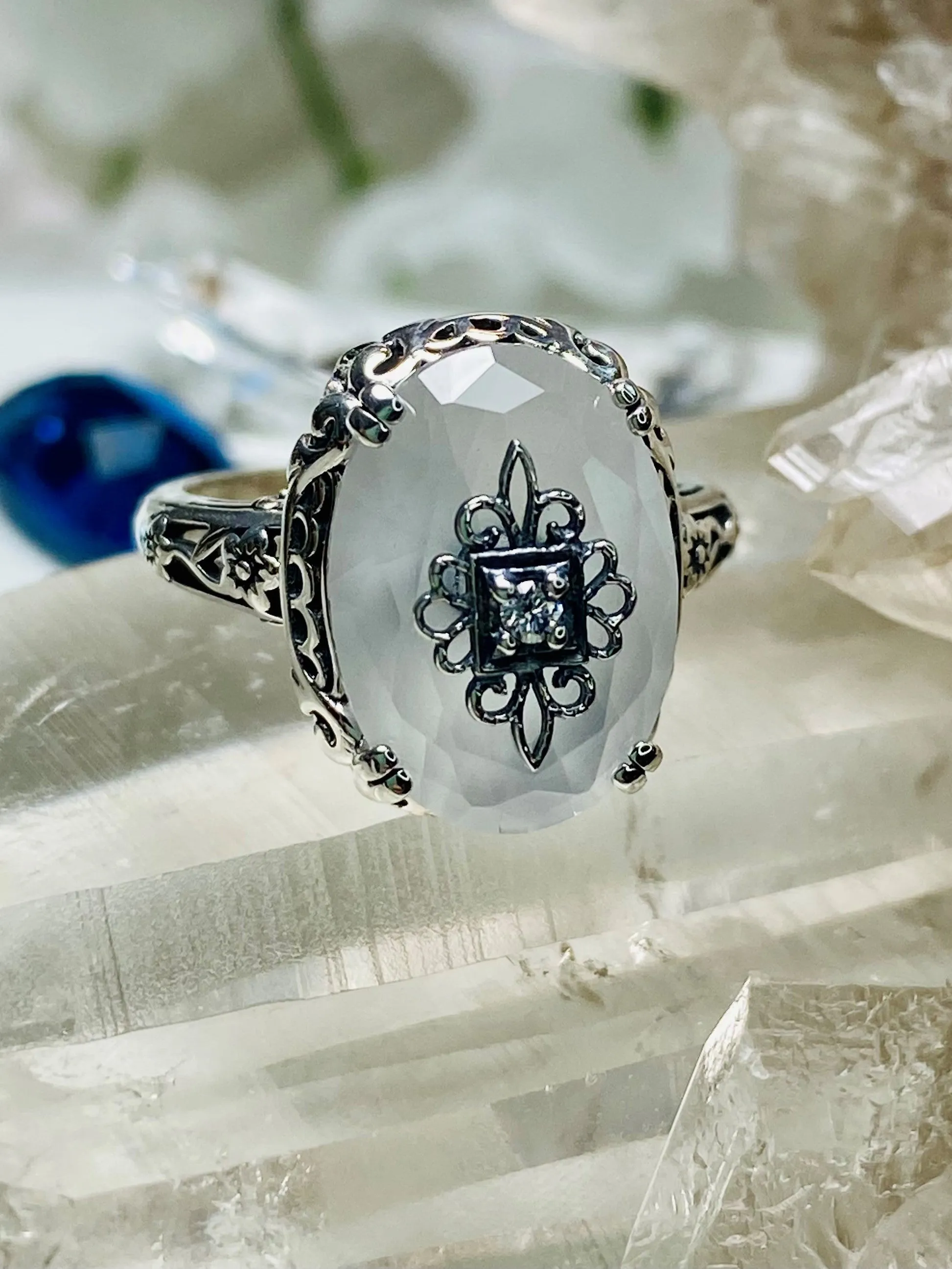 Camphor Glass Ring, Sterling Silver Embellishment, Edwardian Jewelry #D70e