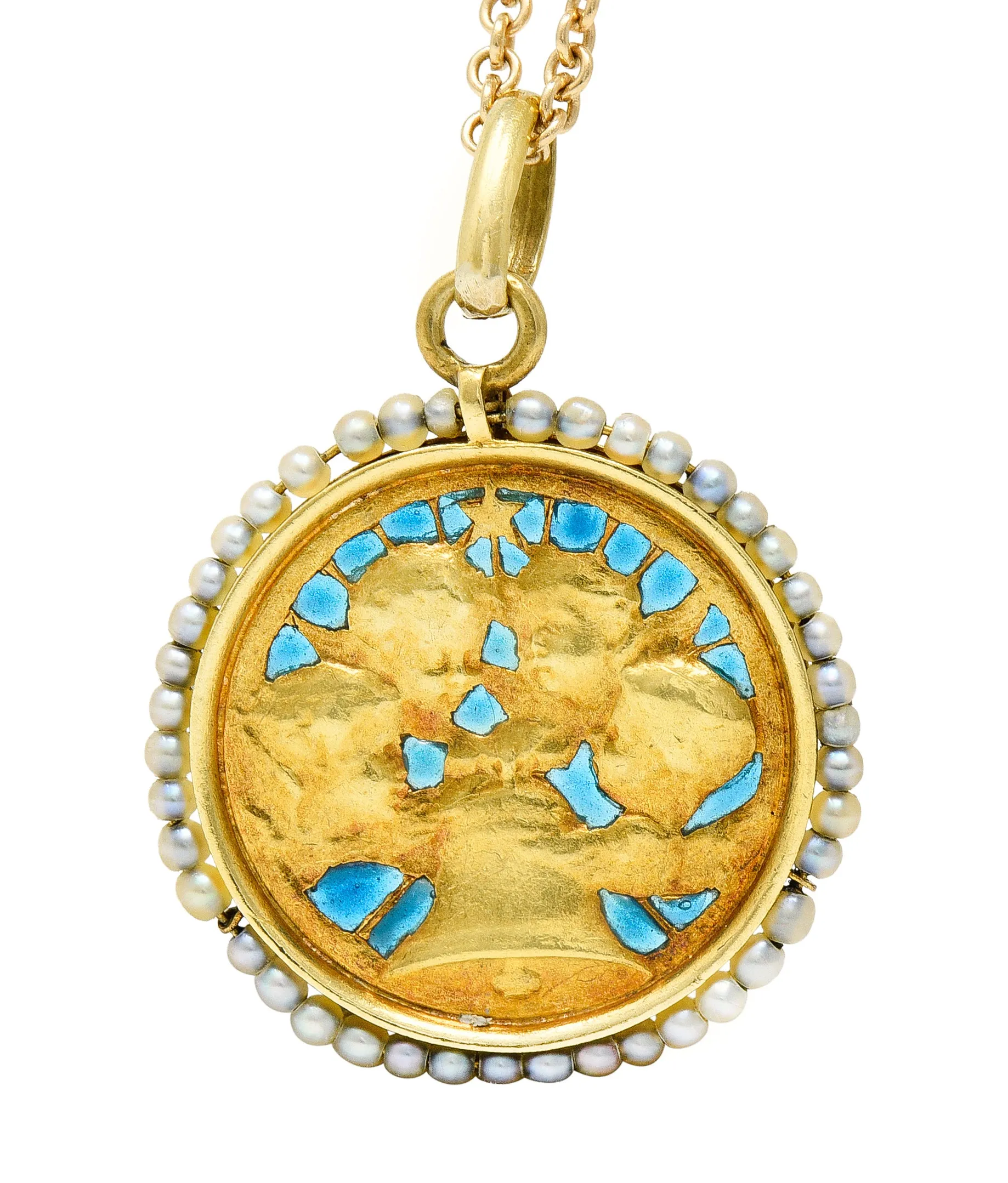 Cartier French Victorian Seed Pearl Plique-A-Jour Enamel 18 Karat Yellow Gold Christening Medallion Antique Pendant Necklace