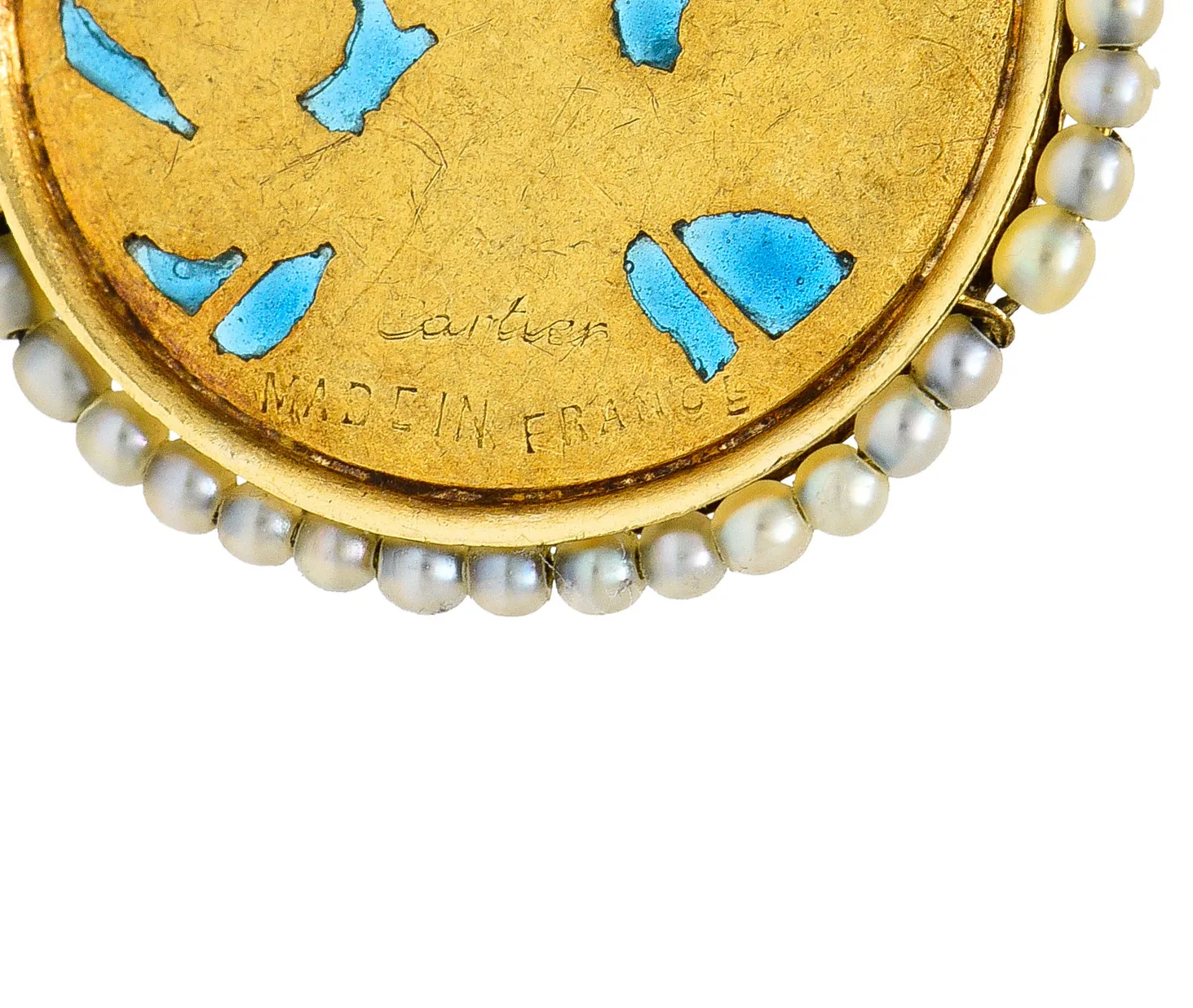 Cartier French Victorian Seed Pearl Plique-A-Jour Enamel 18 Karat Yellow Gold Christening Medallion Antique Pendant Necklace