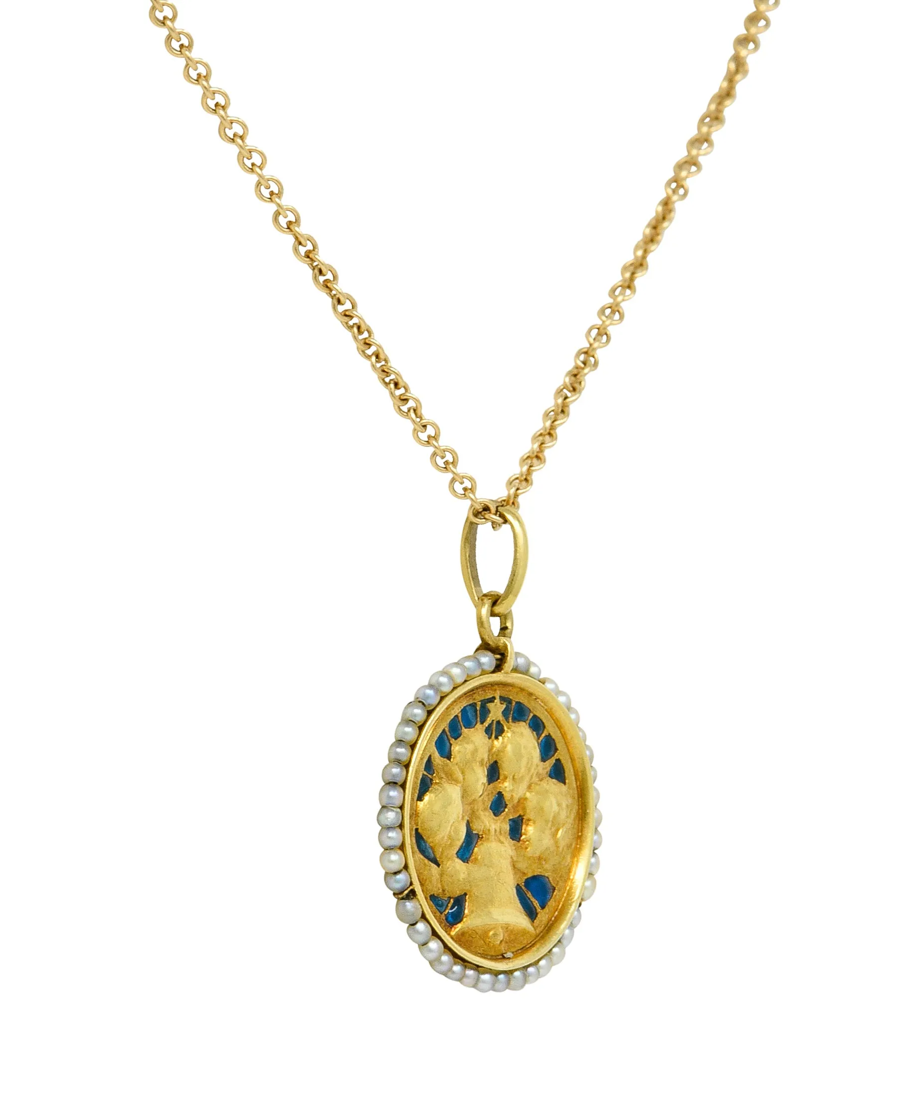 Cartier French Victorian Seed Pearl Plique-A-Jour Enamel 18 Karat Yellow Gold Christening Medallion Antique Pendant Necklace
