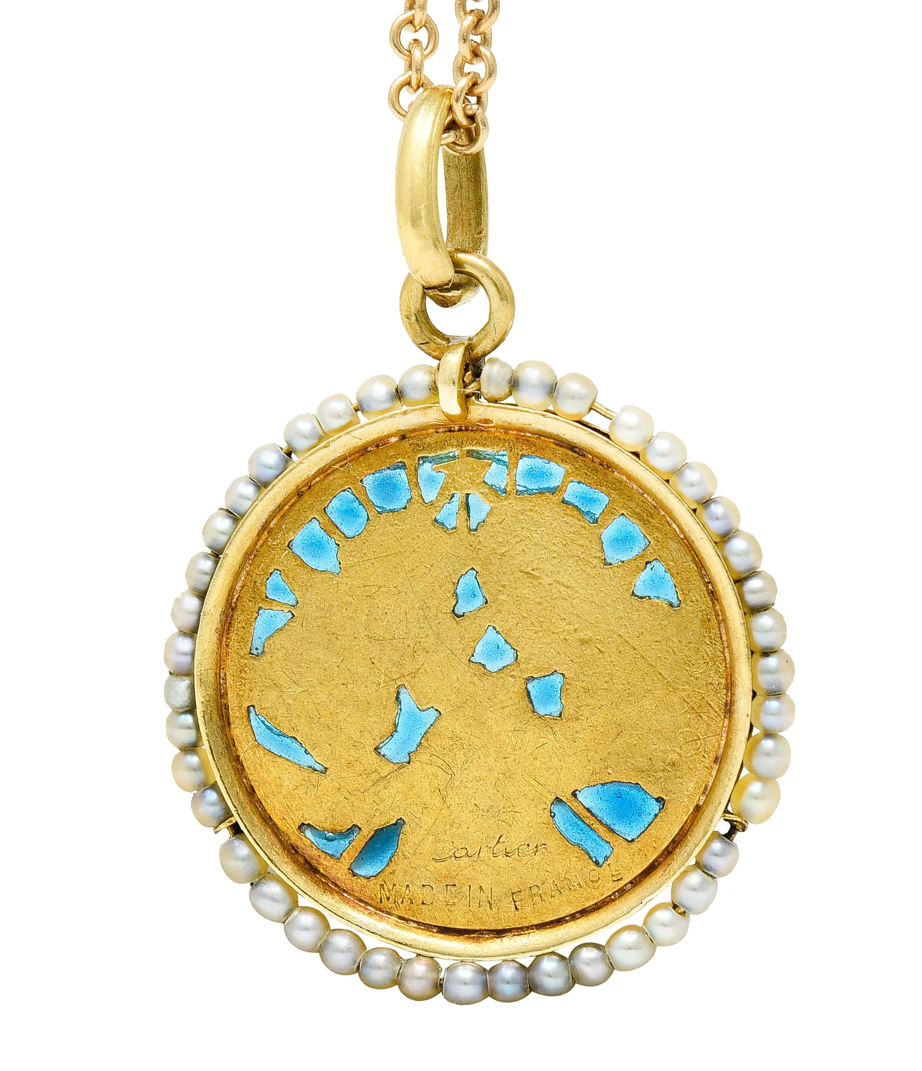 Cartier French Victorian Seed Pearl Plique-A-Jour Enamel 18 Karat Yellow Gold Christening Medallion Antique Pendant Necklace