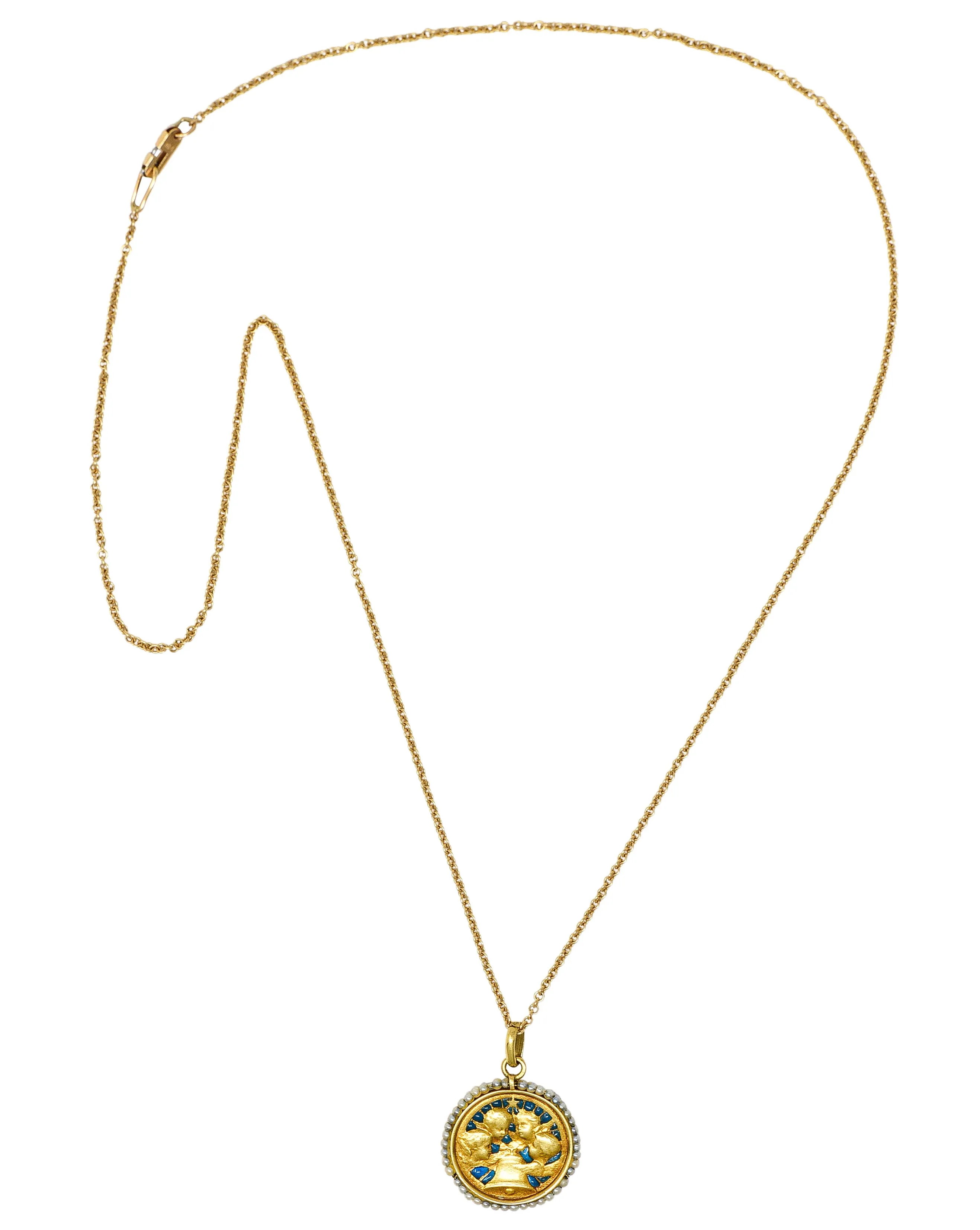 Cartier French Victorian Seed Pearl Plique-A-Jour Enamel 18 Karat Yellow Gold Christening Medallion Antique Pendant Necklace