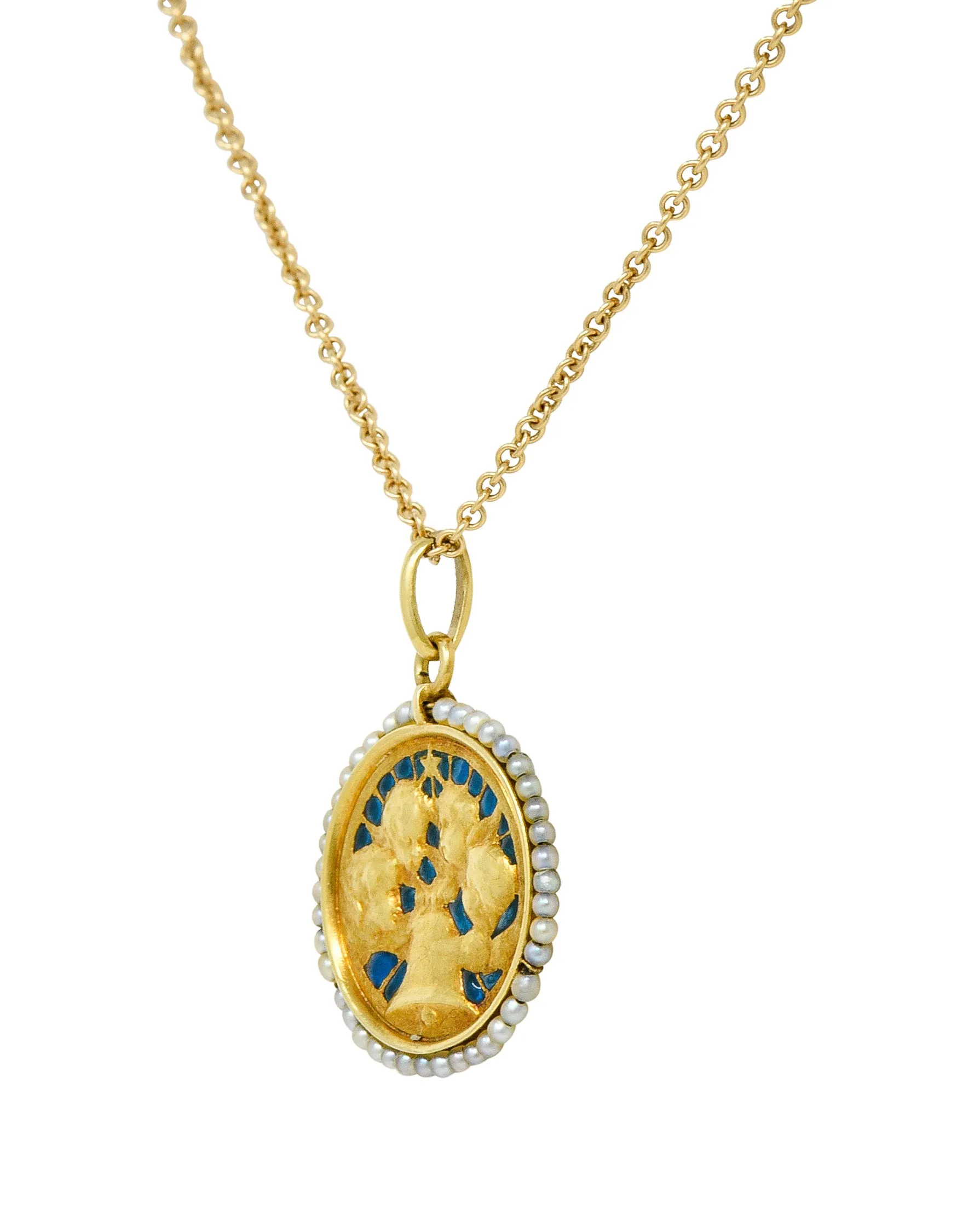 Cartier French Victorian Seed Pearl Plique-A-Jour Enamel 18 Karat Yellow Gold Christening Medallion Antique Pendant Necklace