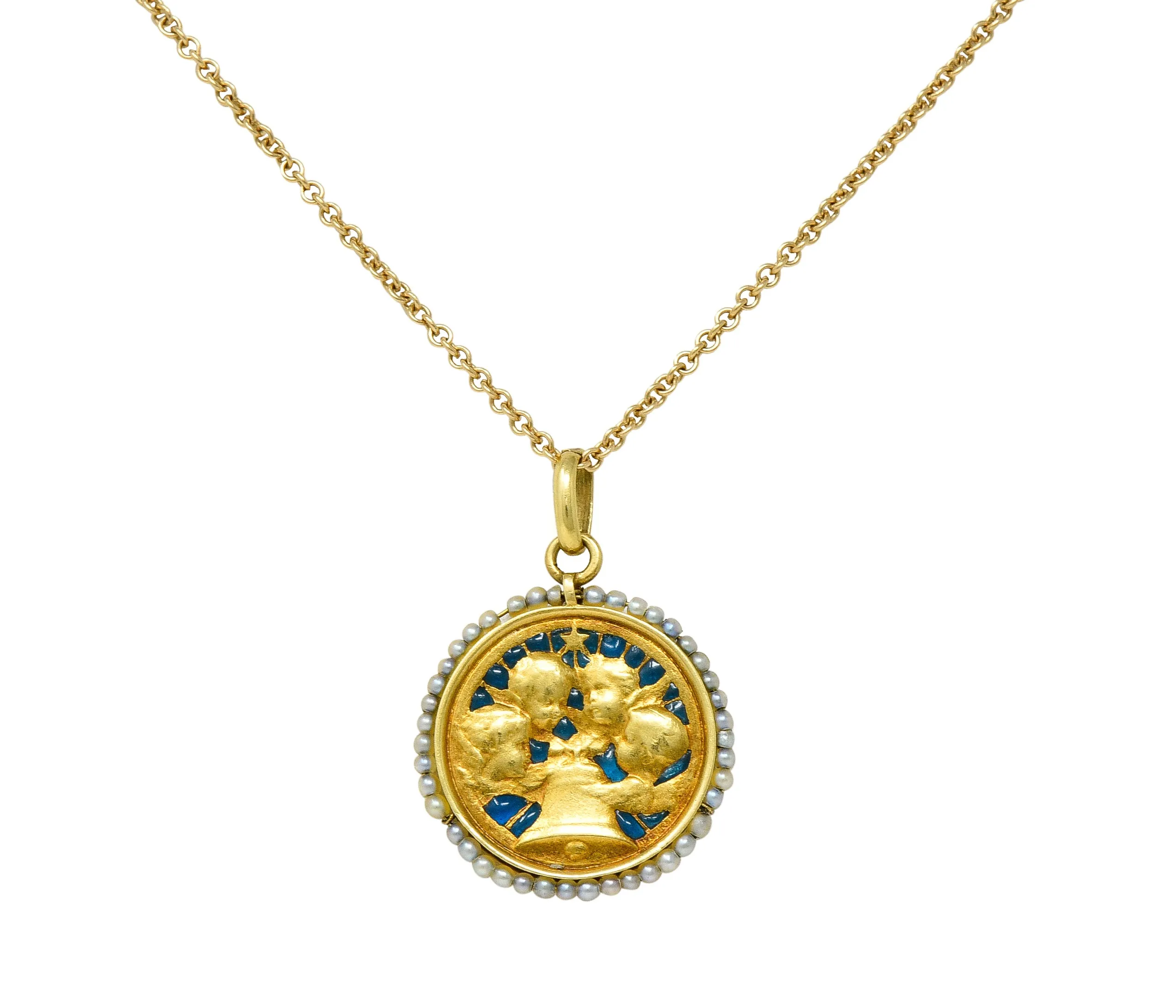Cartier French Victorian Seed Pearl Plique-A-Jour Enamel 18 Karat Yellow Gold Christening Medallion Antique Pendant Necklace