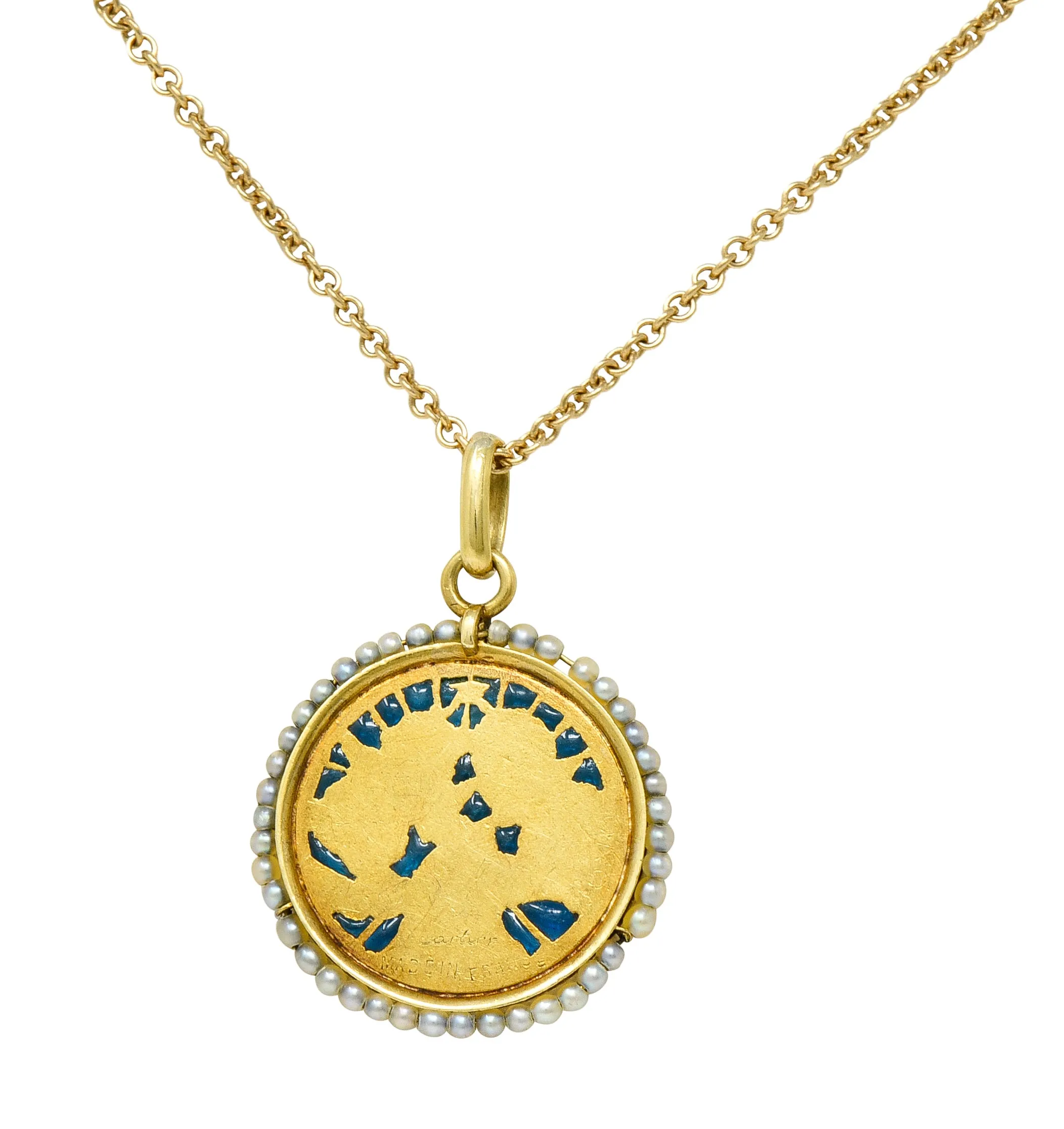 Cartier French Victorian Seed Pearl Plique-A-Jour Enamel 18 Karat Yellow Gold Christening Medallion Antique Pendant Necklace
