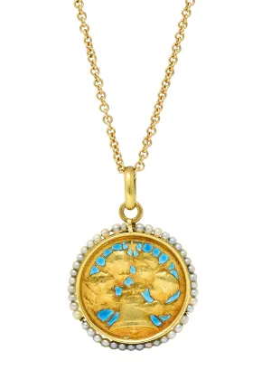 Cartier French Victorian Seed Pearl Plique-A-Jour Enamel 18 Karat Yellow Gold Christening Medallion Antique Pendant Necklace