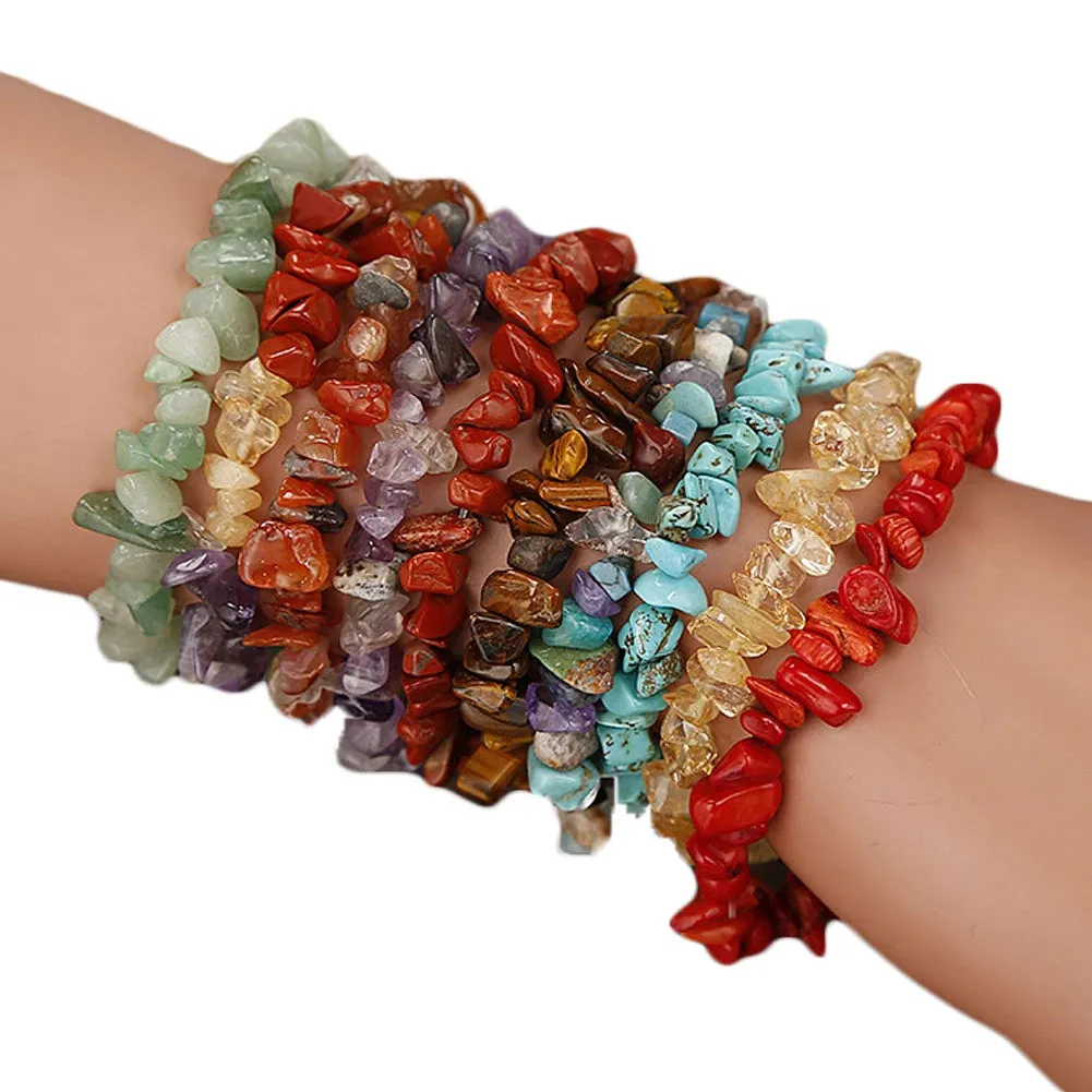 Chakra Chipped Natural Crystal Stone Stretch Bracelet