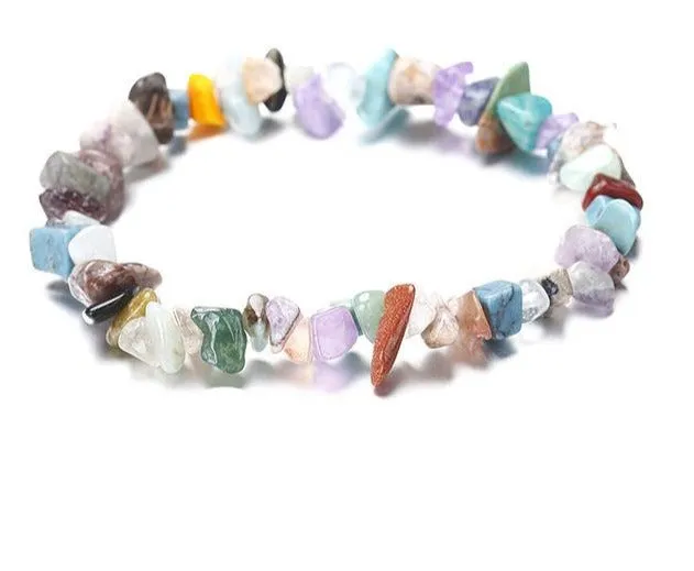 Chakra Chipped Natural Crystal Stone Stretch Bracelet