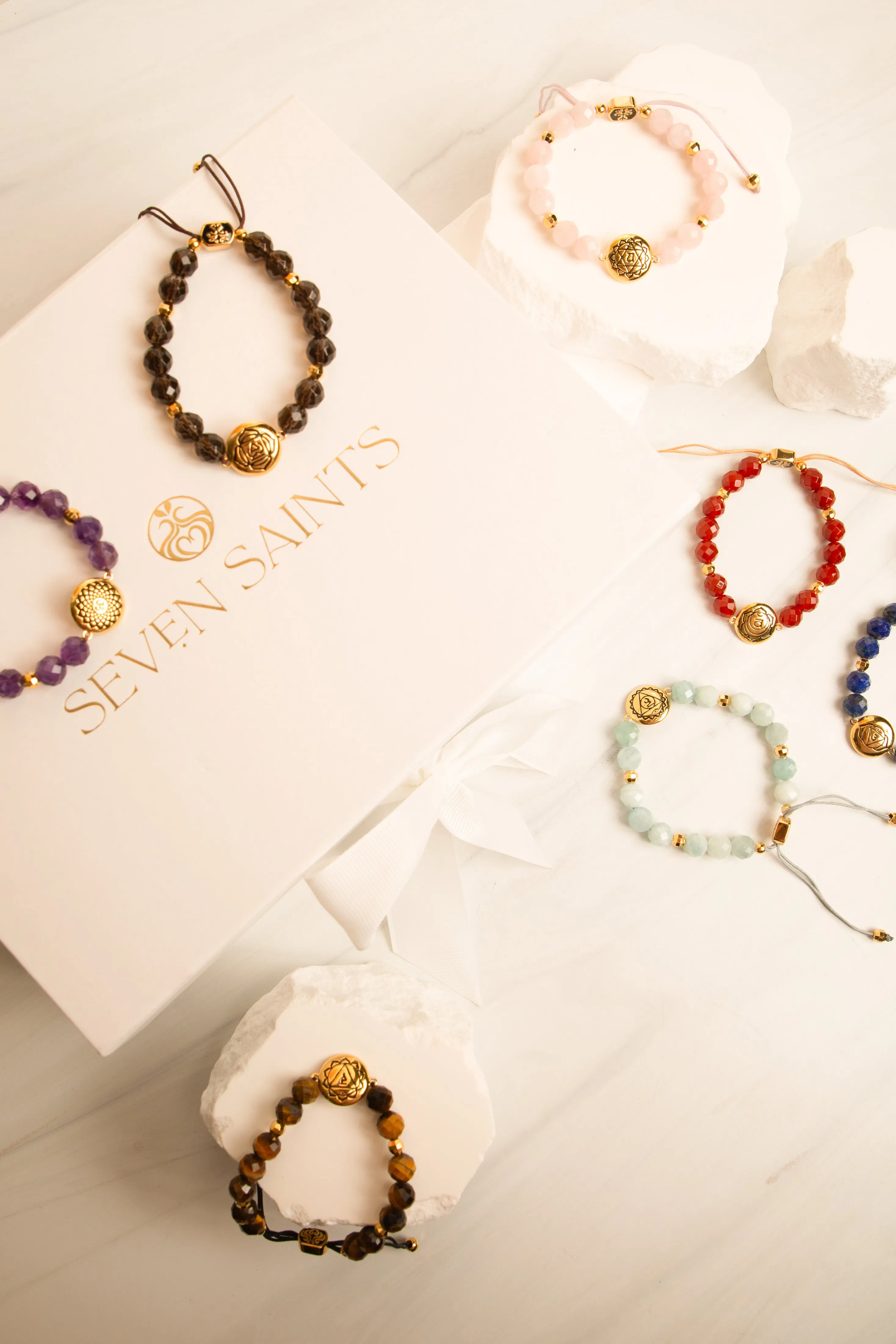 Chakra Healing & Alignment Gemstone Adjustable Bracelets, Set of 7, All Gender