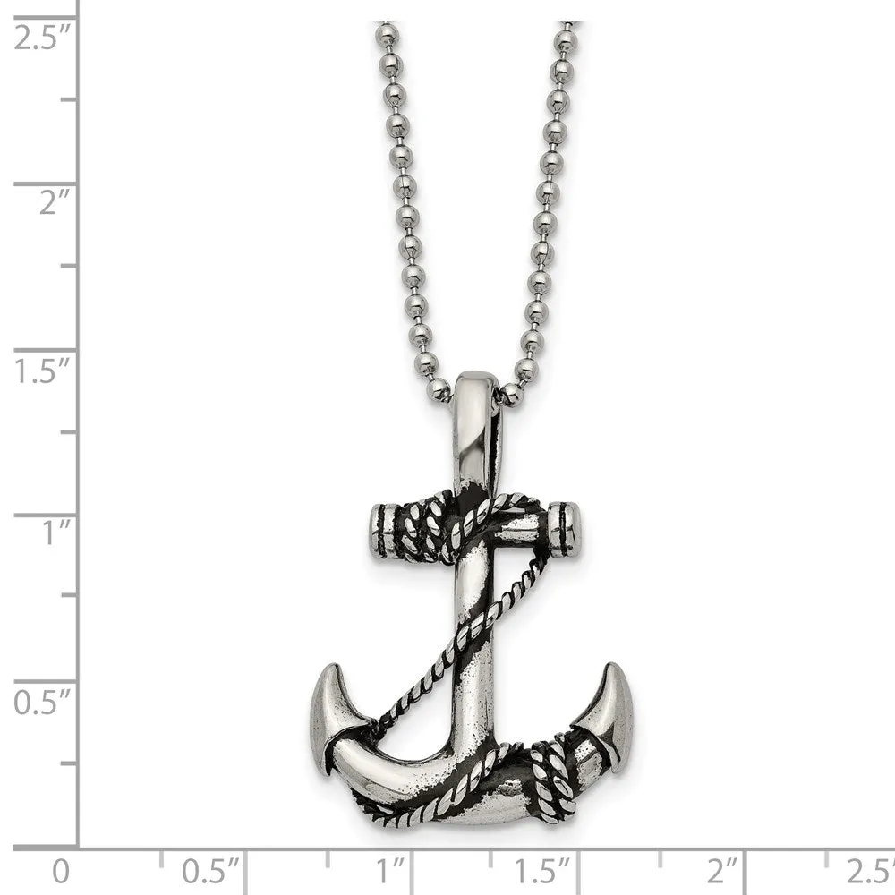 Chisel Stainless Steel Antiqued and Polished Anchorwiht Rope Pendant on a 22 inch Ball Chain Necklace