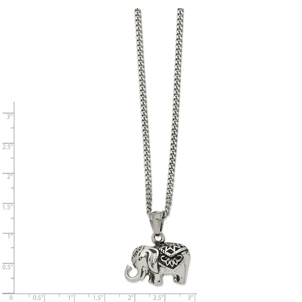Chisel Stainless Steel Antiqued and Polished Elephant Pendant on a 20 inch Curb Chain Necklace