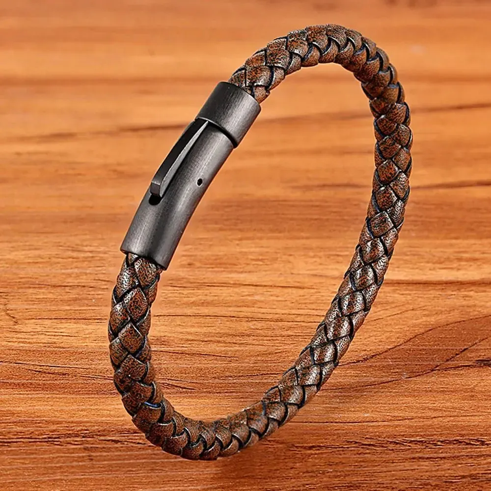 Classic Style Men Leather Bracelet Simple Black Stainless Steel Button Neutral Accessories Hand-woven Jewelry Gifts