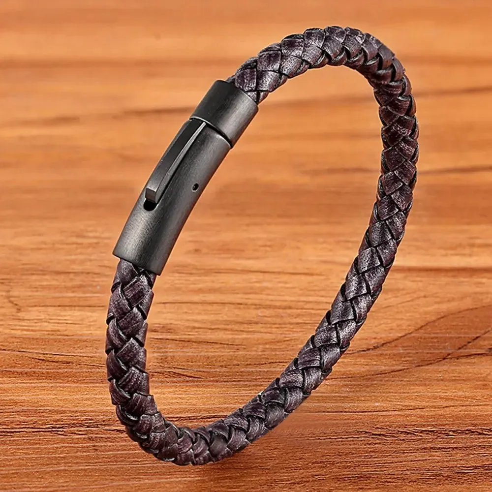 Classic Style Men Leather Bracelet Simple Black Stainless Steel Button Neutral Accessories Hand-woven Jewelry Gifts