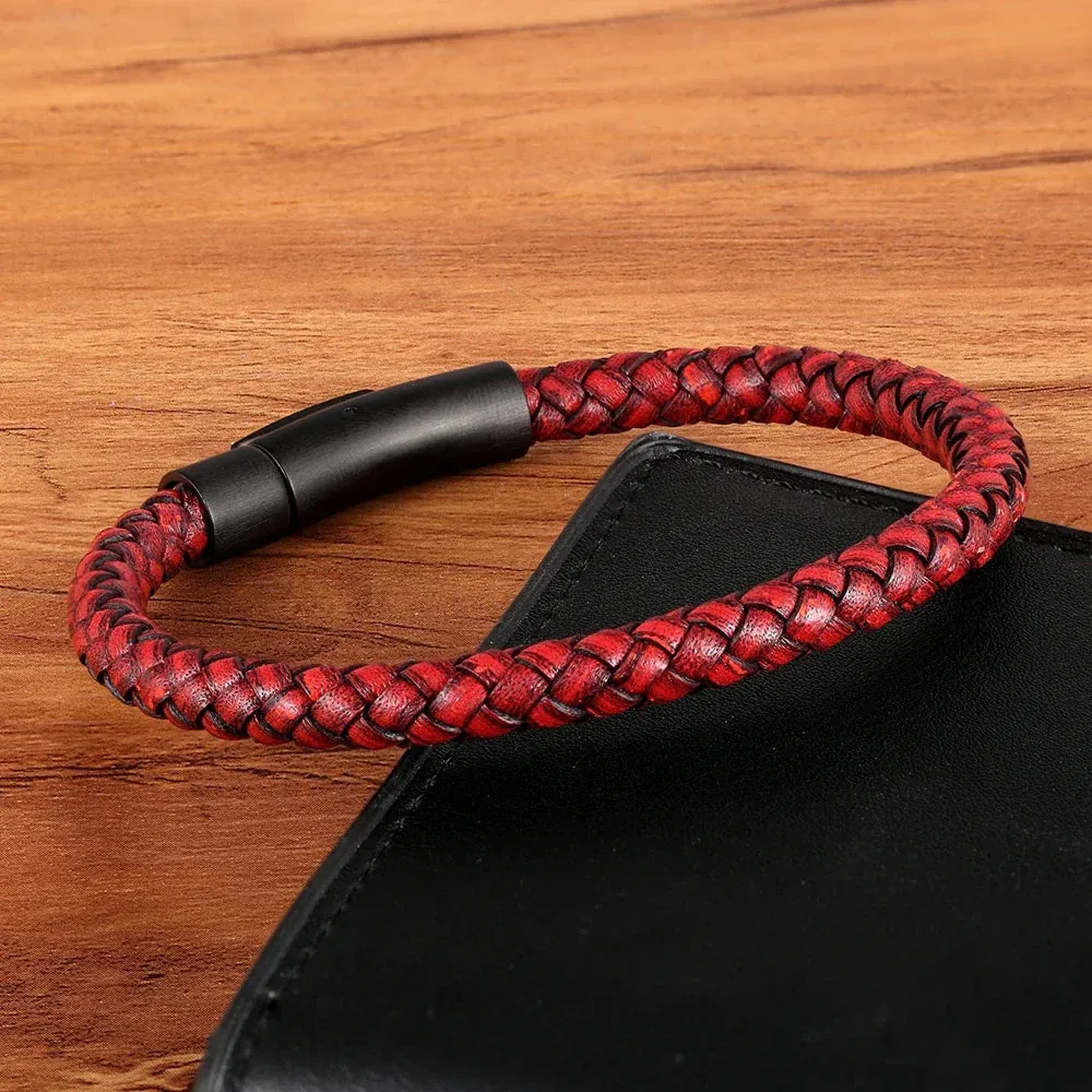 Classic Style Men Leather Bracelet Simple Black Stainless Steel Button Neutral Accessories Hand-woven Jewelry Gifts