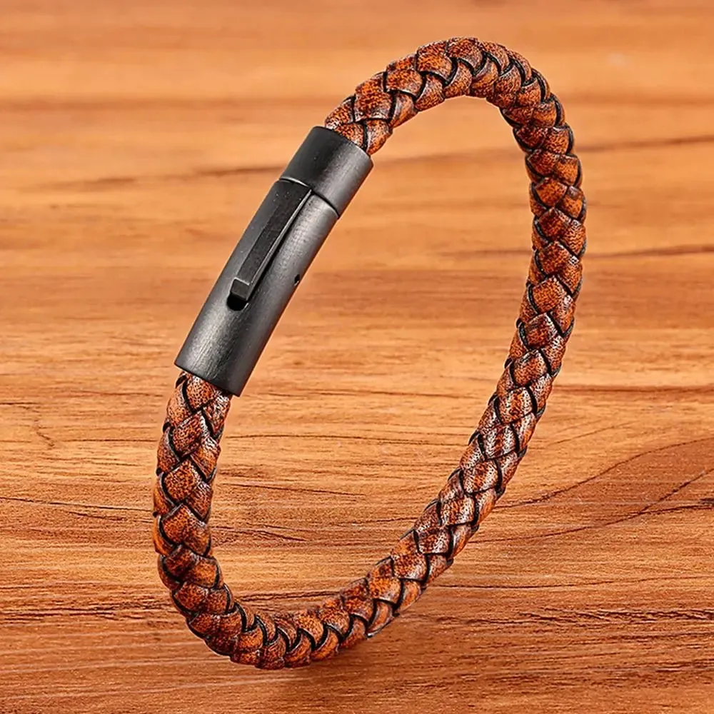 Classic Style Men Leather Bracelet Simple Black Stainless Steel Button Neutral Accessories Hand-woven Jewelry Gifts