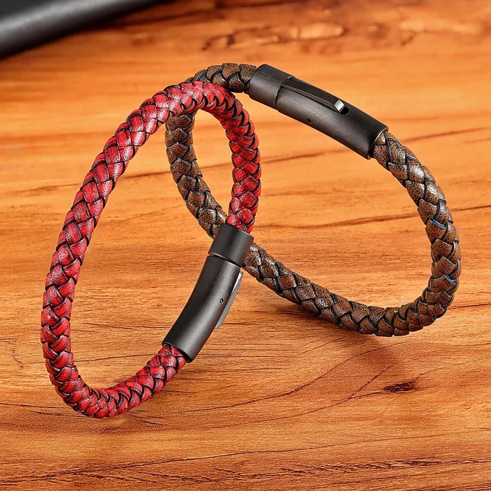 Classic Style Men Leather Bracelet Simple Black Stainless Steel Button Neutral Accessories Hand-woven Jewelry Gifts