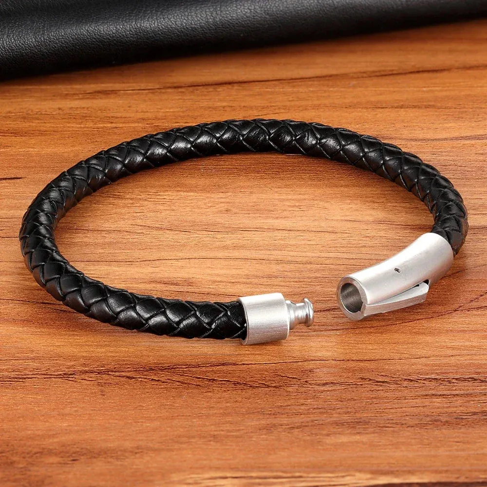 Classic Style Men Leather Bracelet Simple Black Stainless Steel Button Neutral Accessories Hand-woven Jewelry Gifts