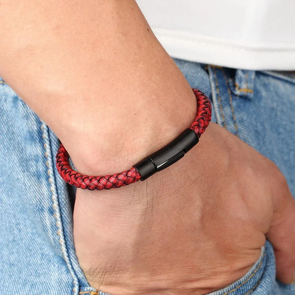 Classic Style Men Leather Bracelet Simple Black Stainless Steel Button Neutral Accessories Hand-woven Jewelry Gifts