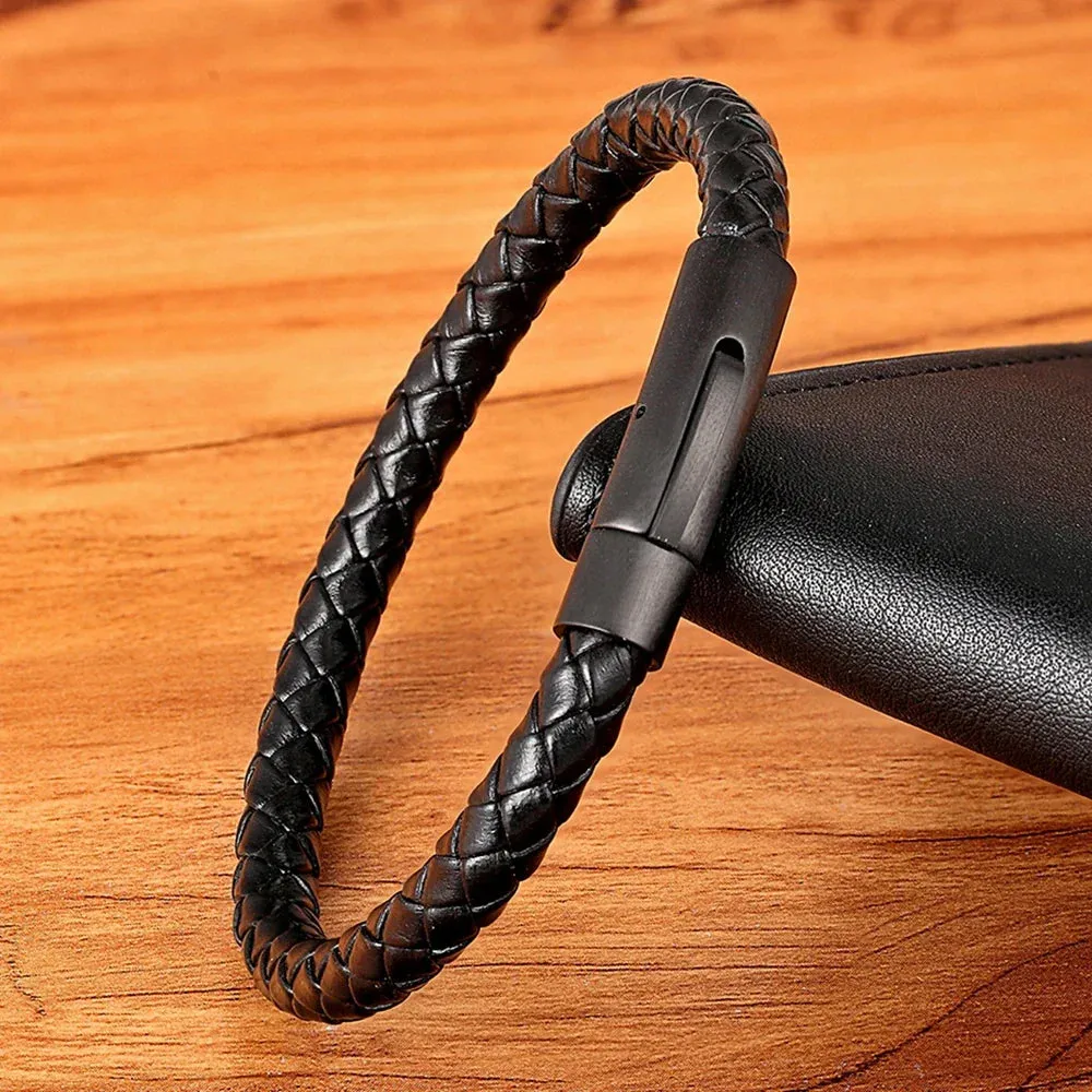 Classic Style Men Leather Bracelet Simple Black Stainless Steel Button Neutral Accessories Hand-woven Jewelry Gifts