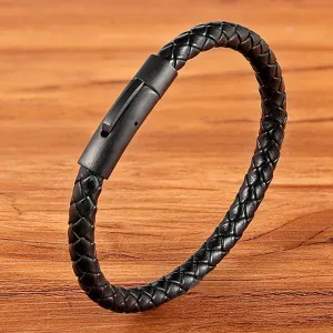 Classic Style Men Leather Bracelet Simple Black Stainless Steel Button Neutral Accessories Hand-woven Jewelry Gifts