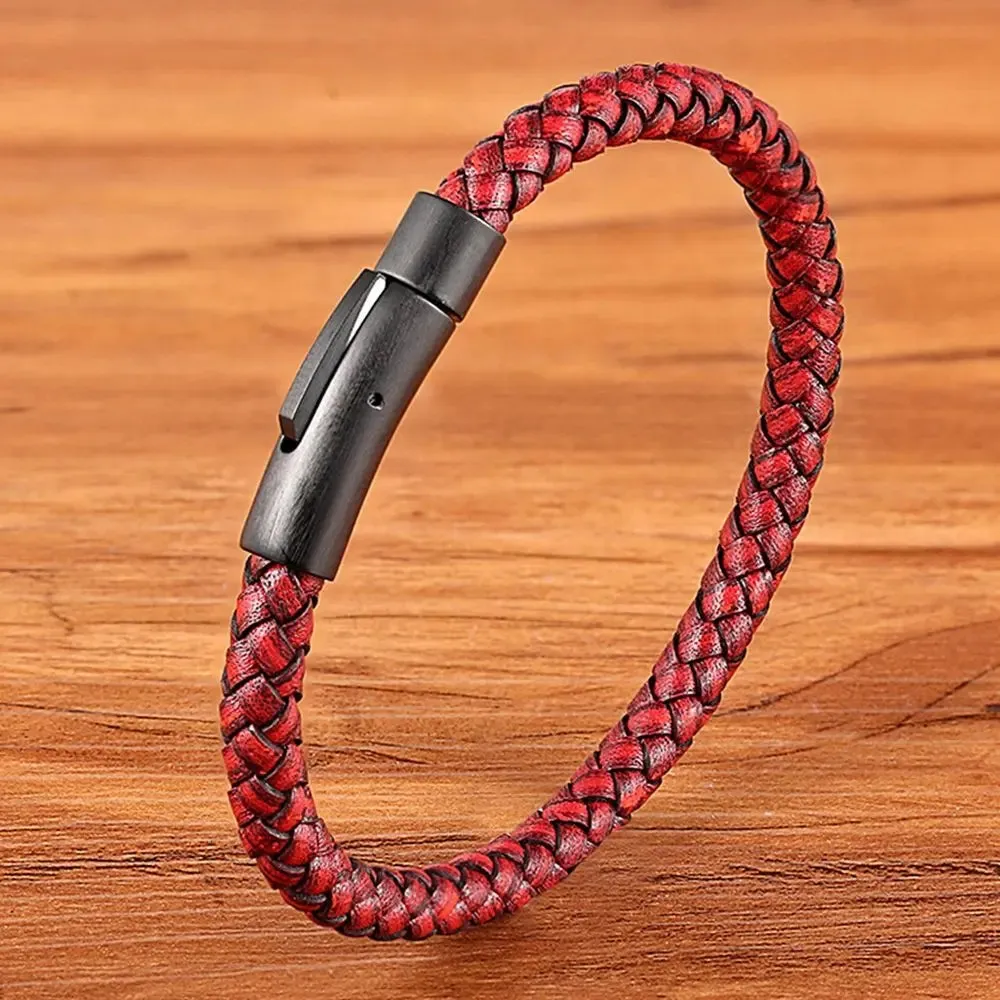 Classic Style Men Leather Bracelet Simple Black Stainless Steel Button Neutral Accessories Hand-woven Jewelry Gifts