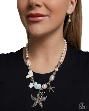 Coastal Cameo - Blue - Seashell, Silver Starfish & Coral, Silver Bead & Pearl Paparazzi Short Necklace