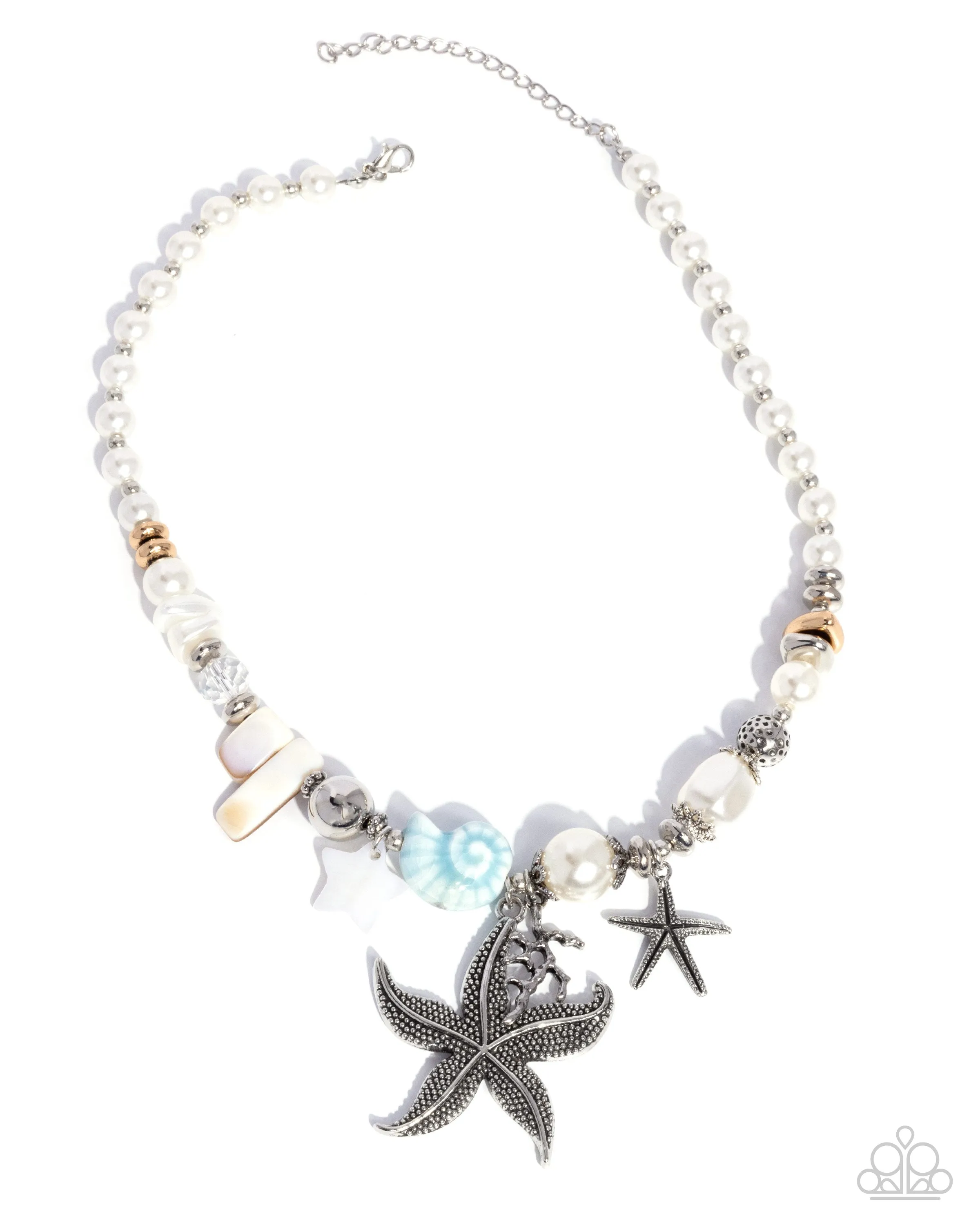 Coastal Cameo - Blue - Seashell, Silver Starfish & Coral, Silver Bead & Pearl Paparazzi Short Necklace
