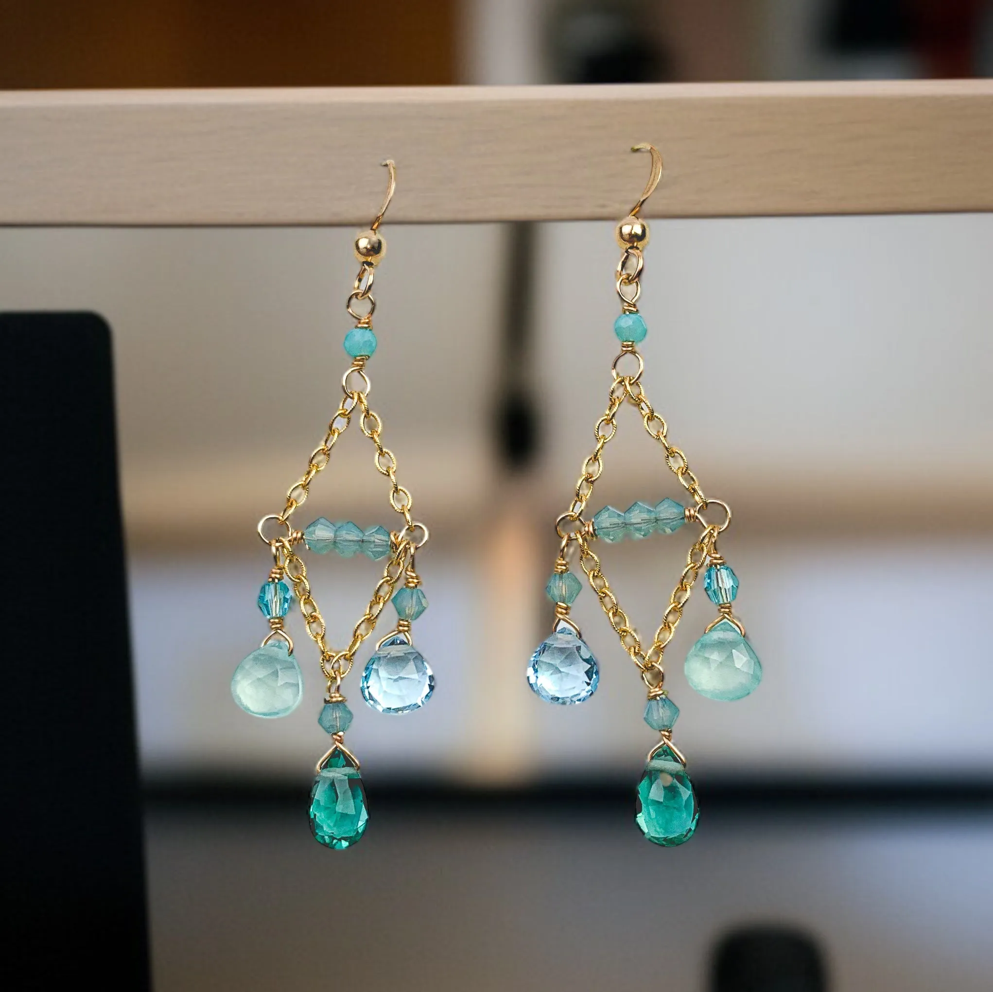 “Coastal Cascade” Chandelier Earrings with Topaz, Chalcedony & Emerald Quartz
